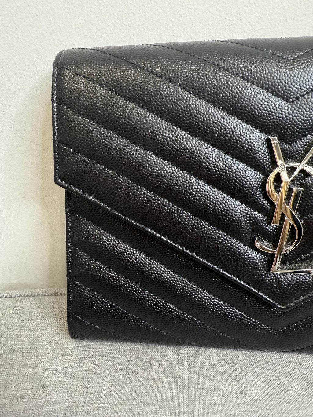 Black Saint Laurent Cassandre Matelassé Flap Pouch wristlet Bag In Grain De Poudre Leather
