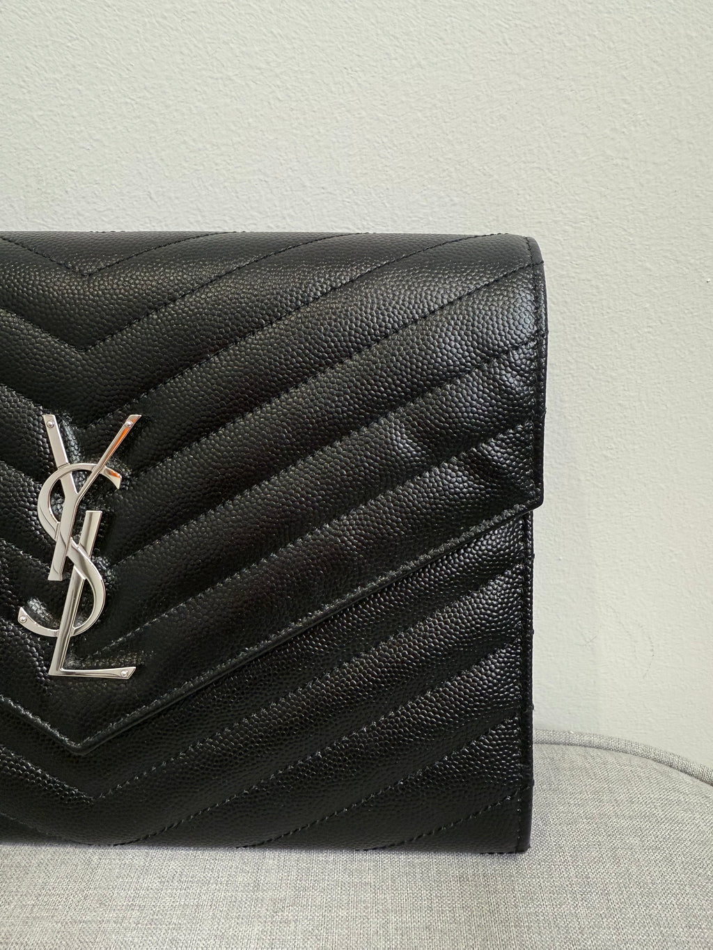 Black Saint Laurent Cassandre Matelassé Flap Pouch wristlet Bag In Grain De Poudre Leather