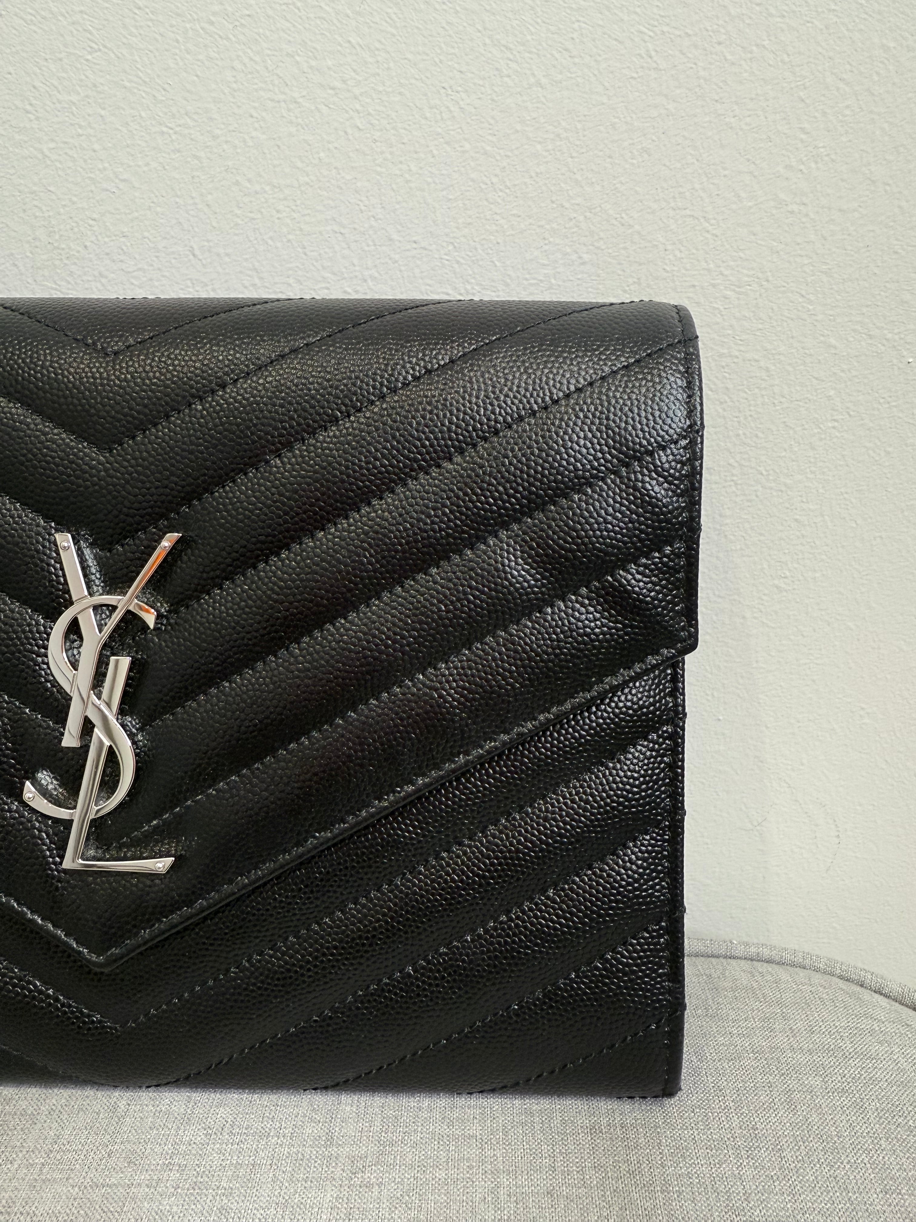 Black Saint Laurent Cassandre Matelassé Flap Pouch wristlet Bag In Grain De Poudre Leather