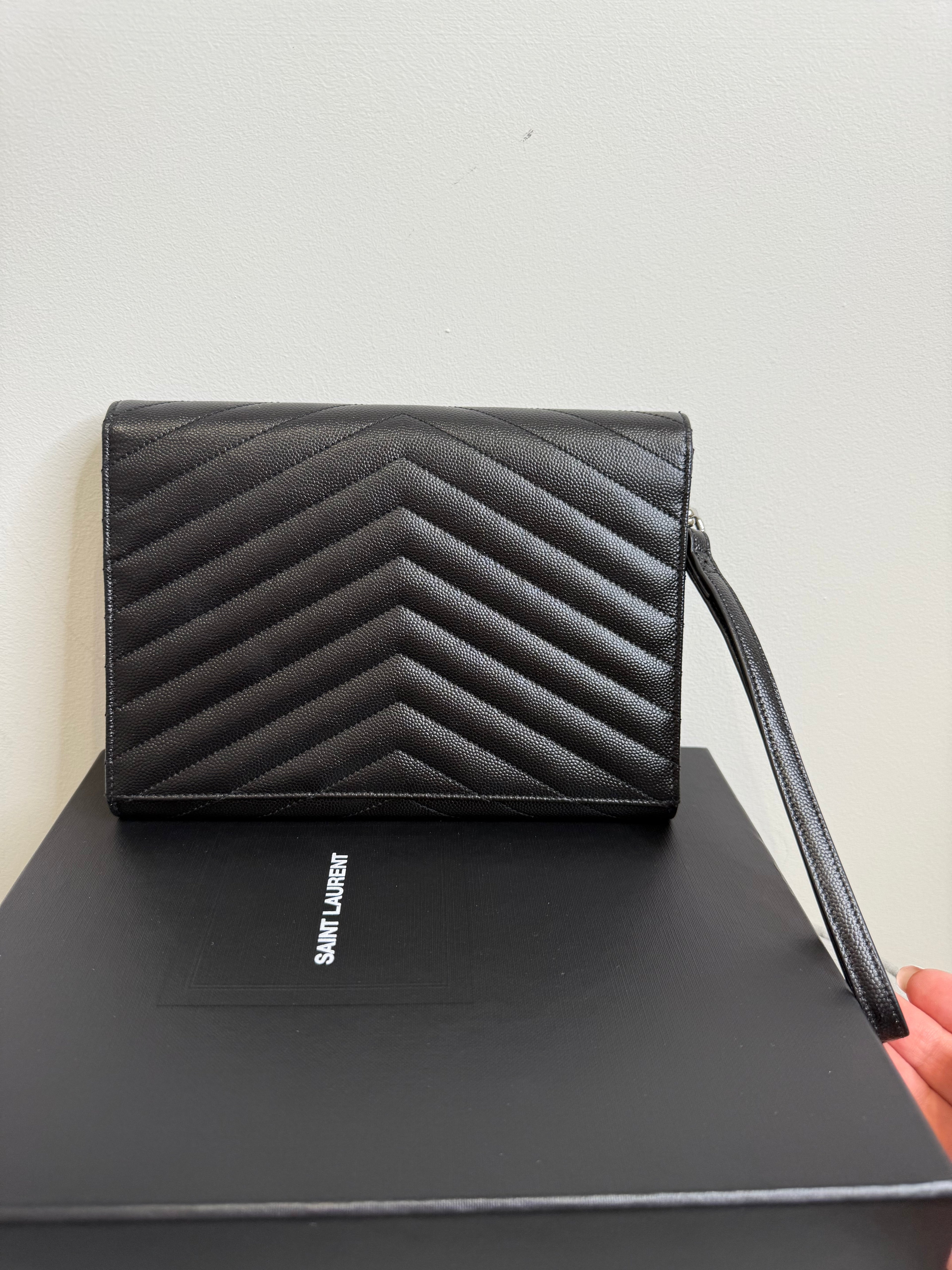 Black Saint Laurent Cassandre Matelassé Flap Pouch wristlet Bag In Grain De Poudre Leather