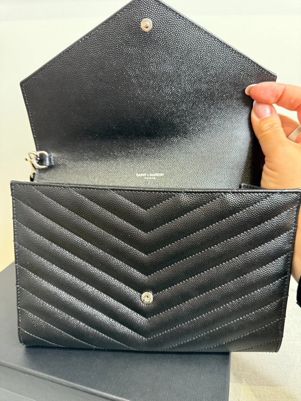 Black Saint Laurent Cassandre Matelassé Flap Pouch wristlet Bag In Grain De Poudre Leather
