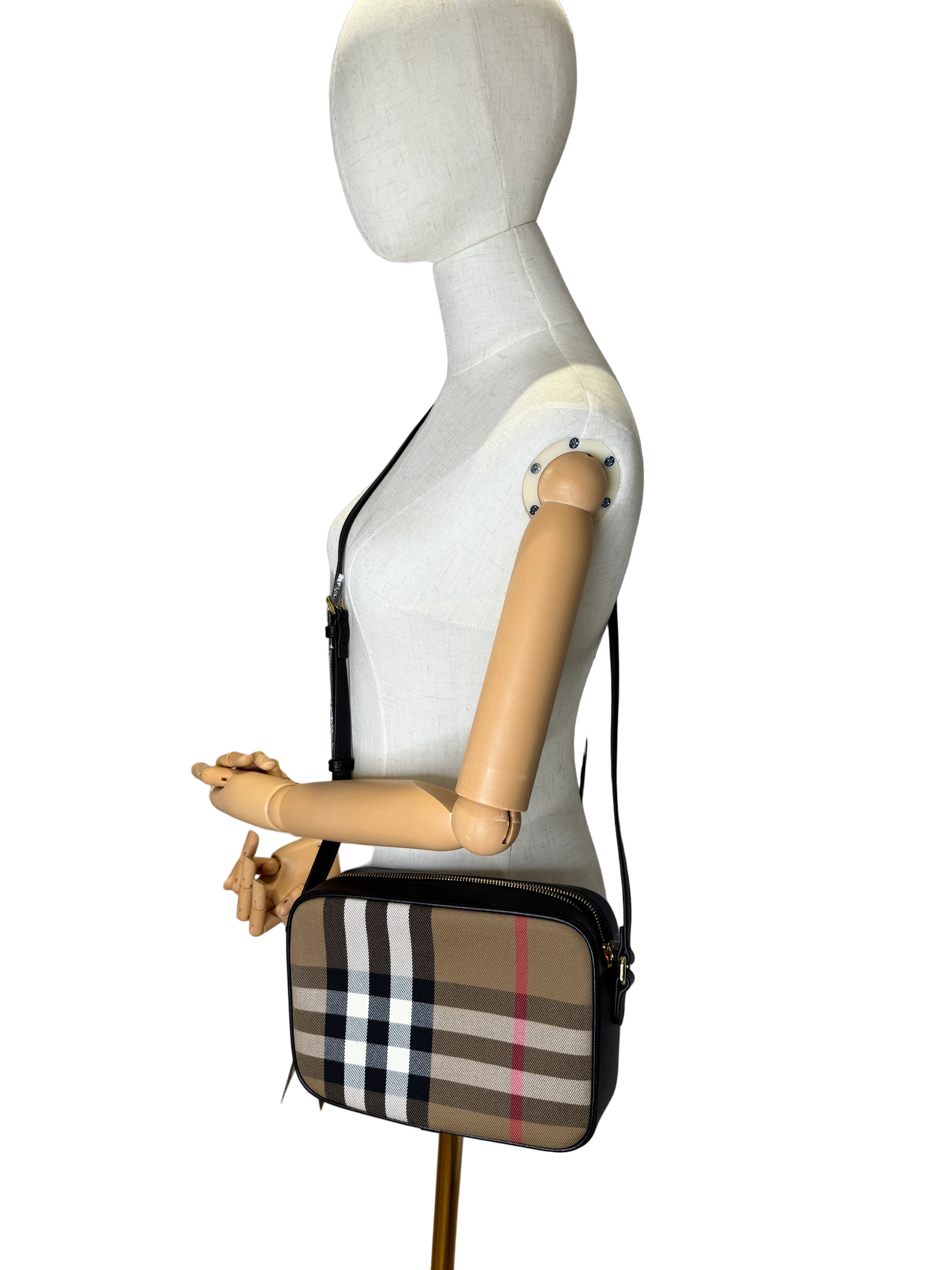 New Burberry Check and Black Leather Crossbody Camera Bag – The