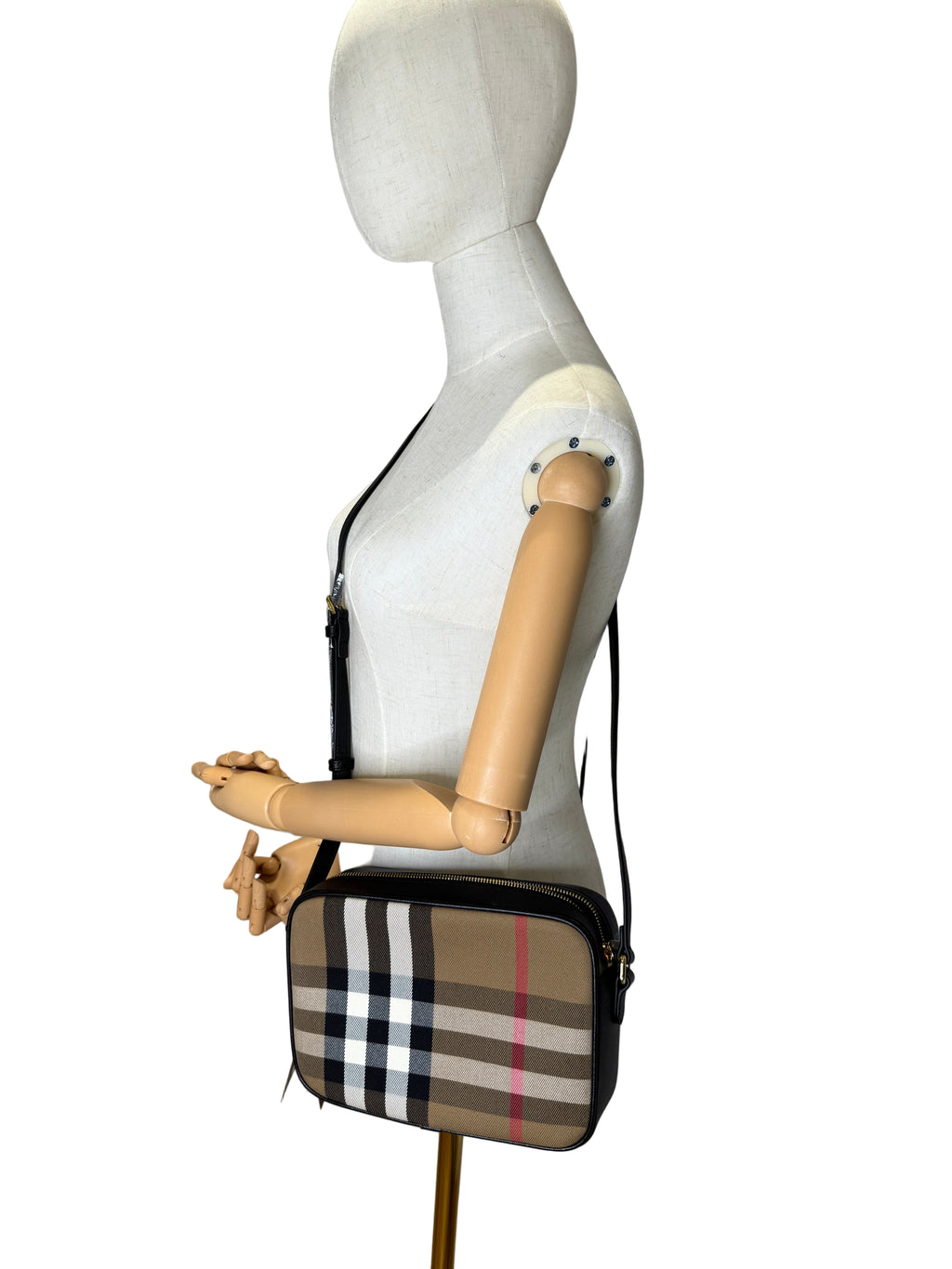 New Burberry Check and Black Leather Crossbody Camera Bag