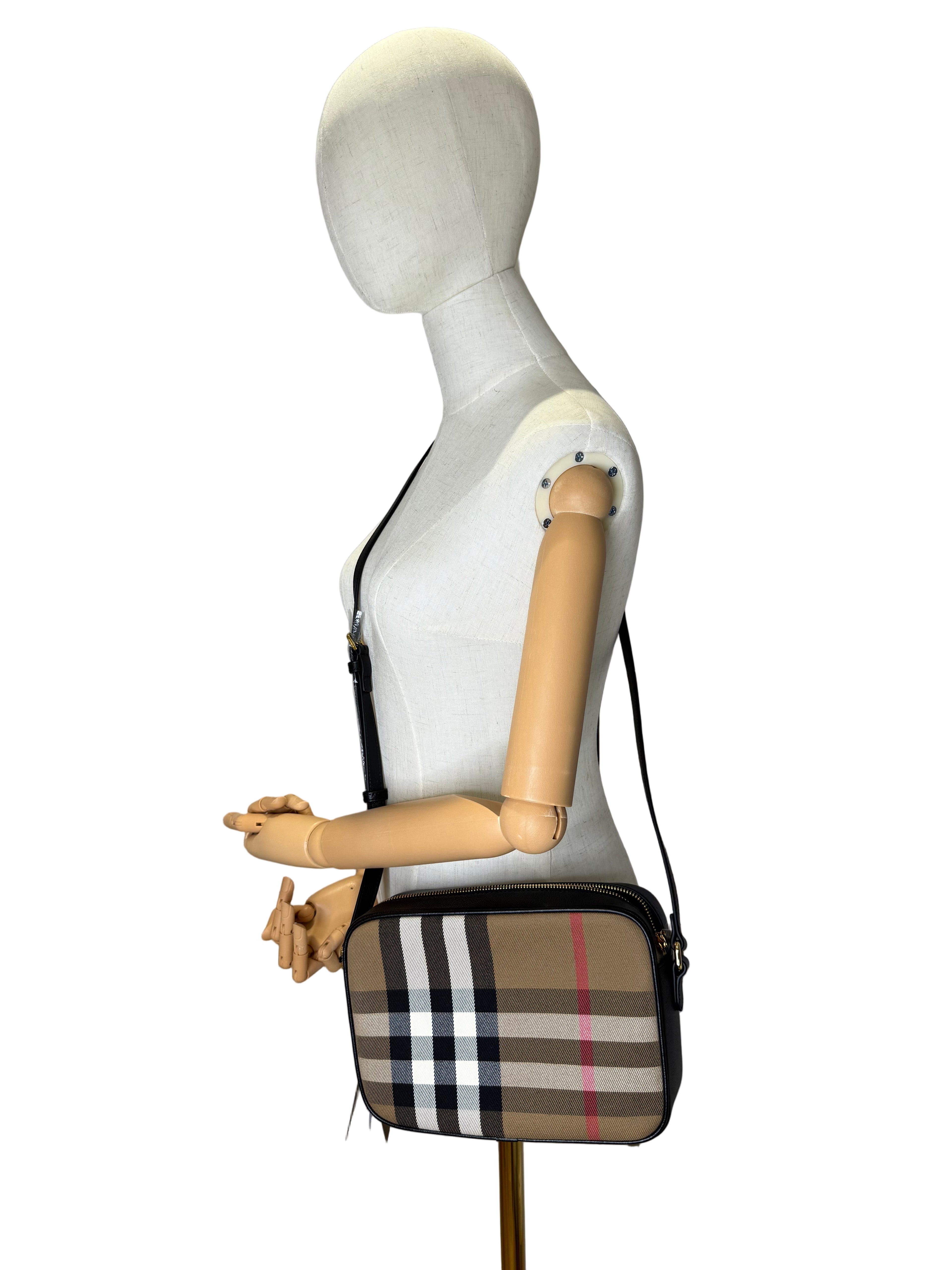 New Burberry Check and Black Leather Crossbody Camera Bag