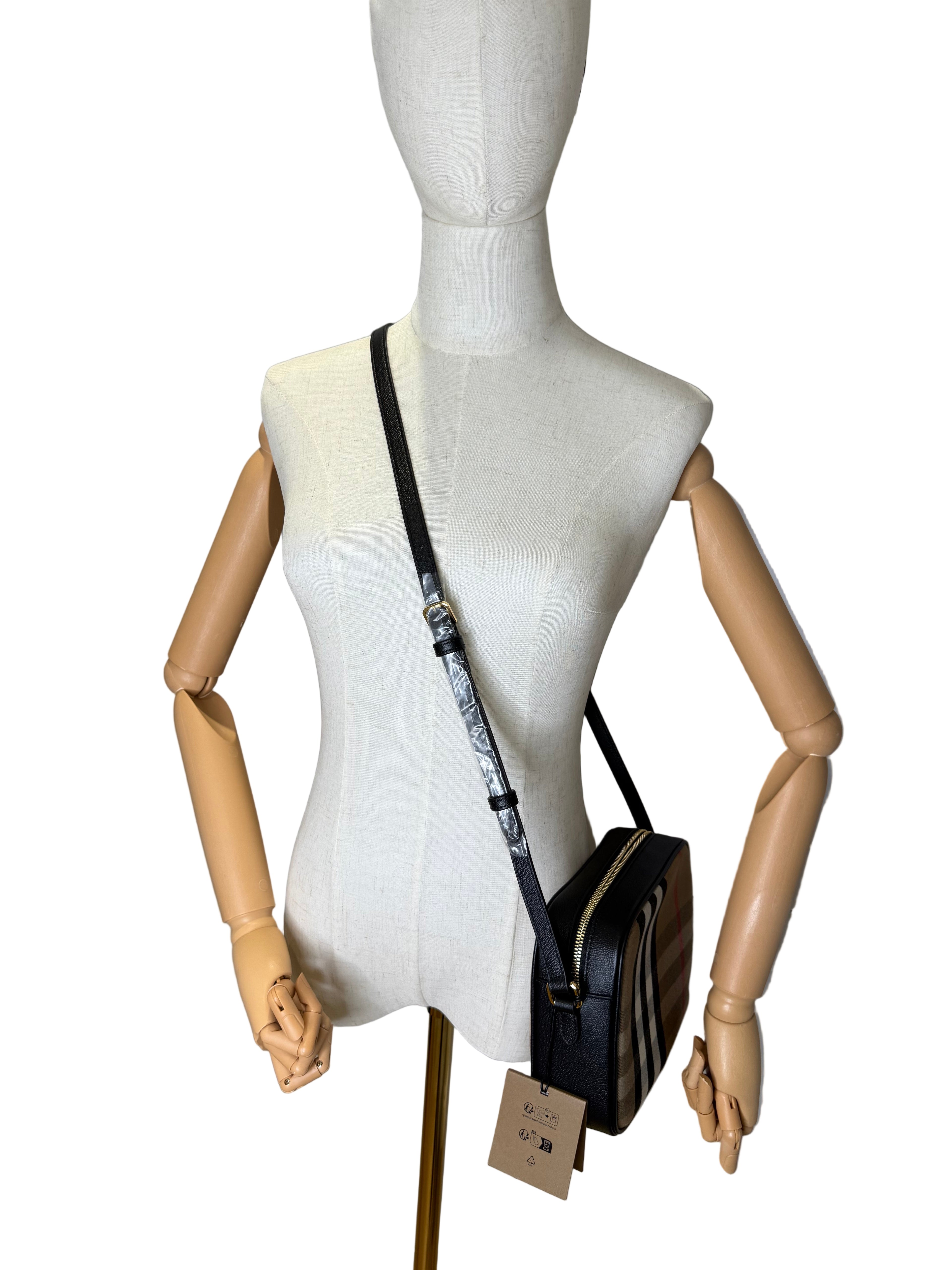 New Burberry Check and Black Leather Crossbody Camera Bag
