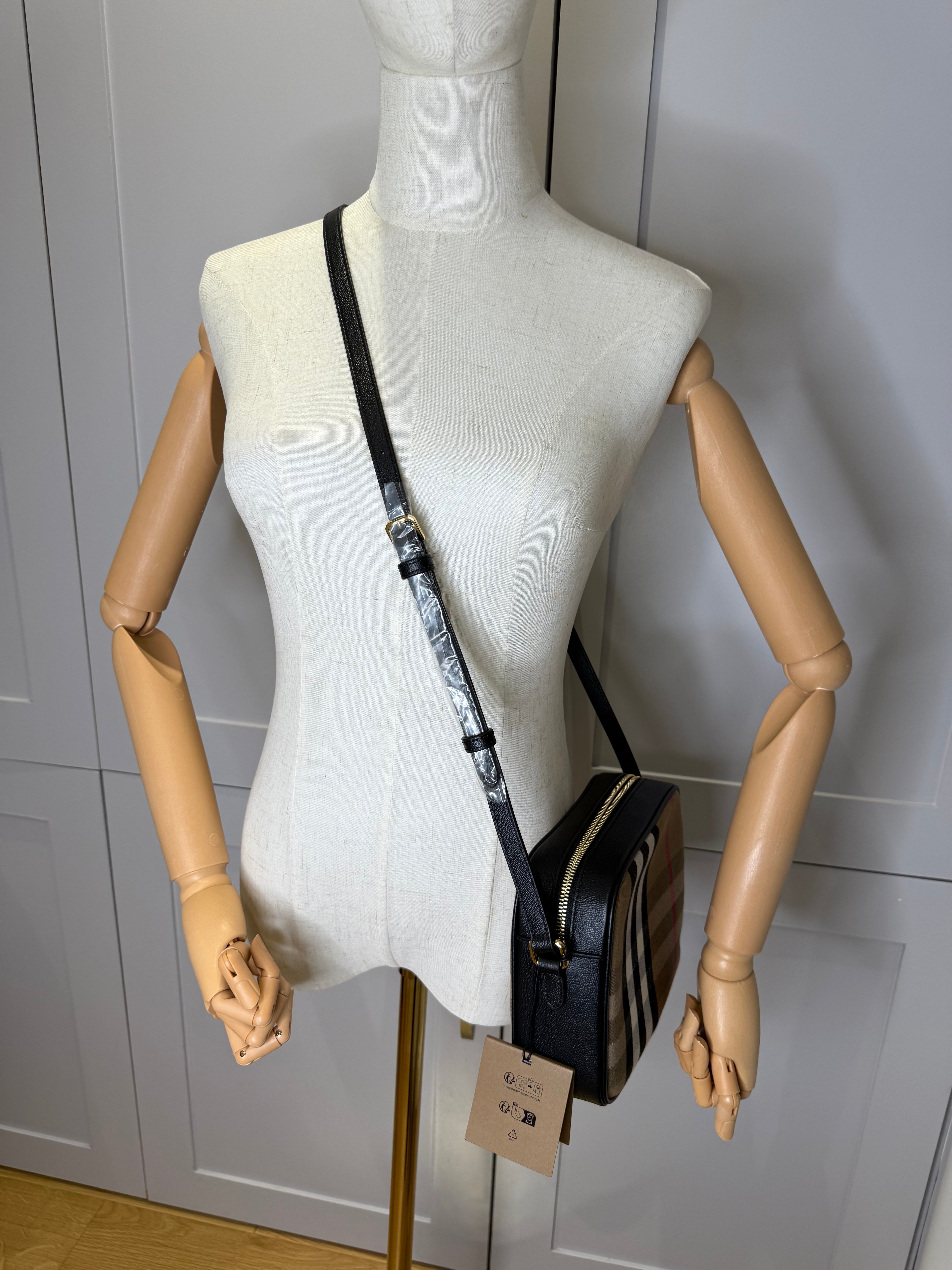 New Burberry Check and Black Leather Crossbody Camera Bag