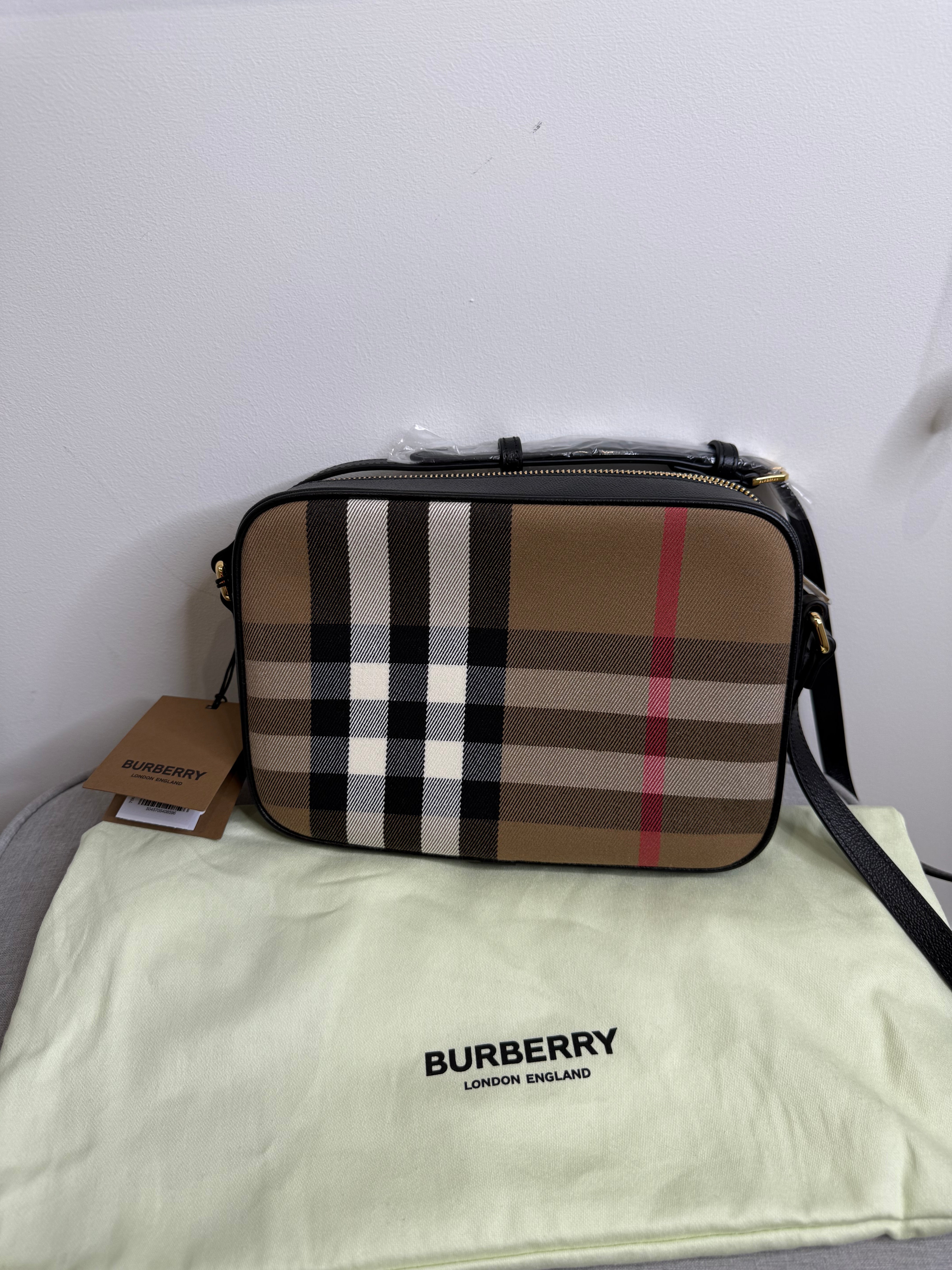 New Burberry Check and Black Leather Crossbody Camera Bag – The