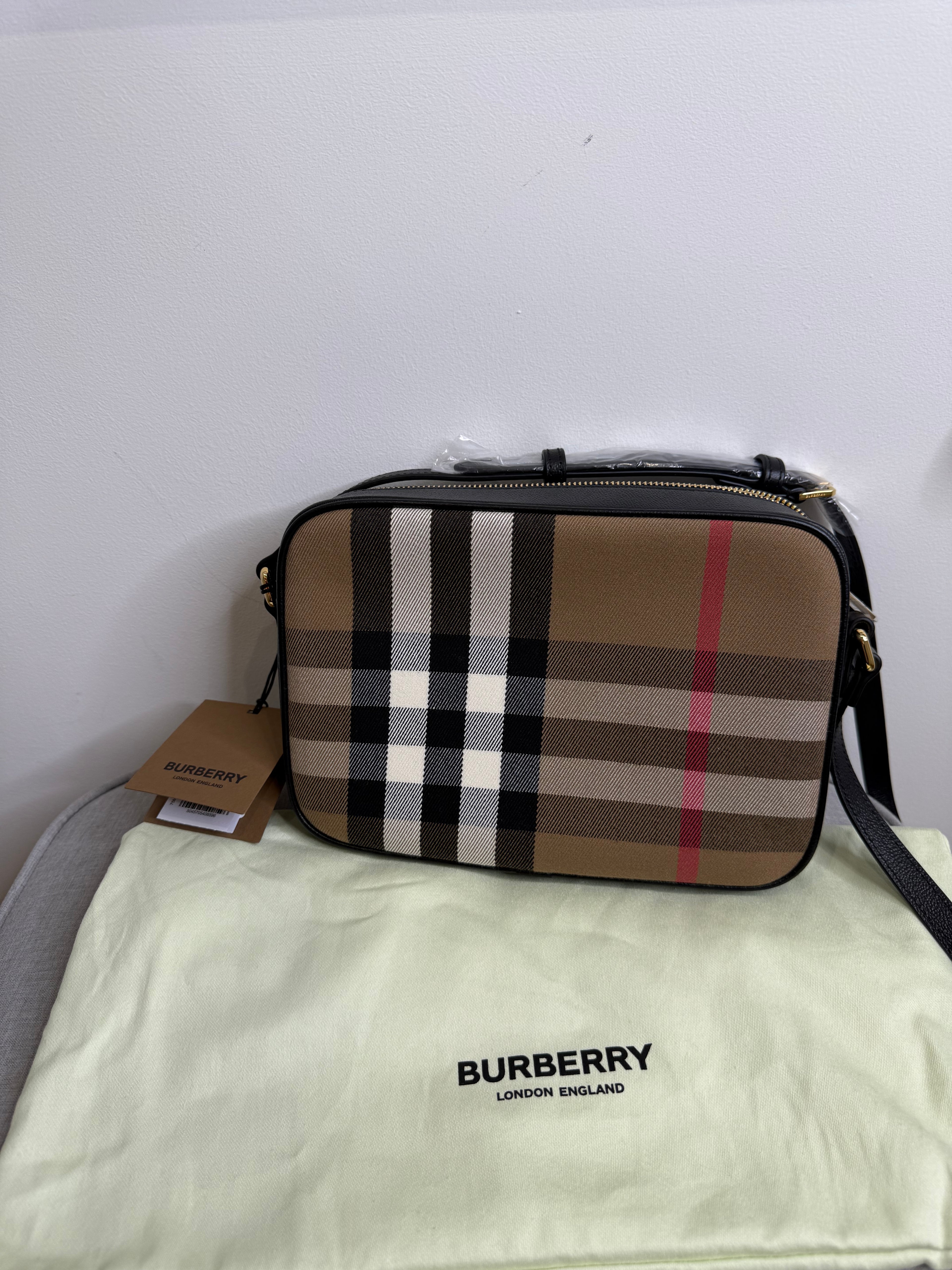 New Burberry Check and Black Leather Crossbody Camera Bag