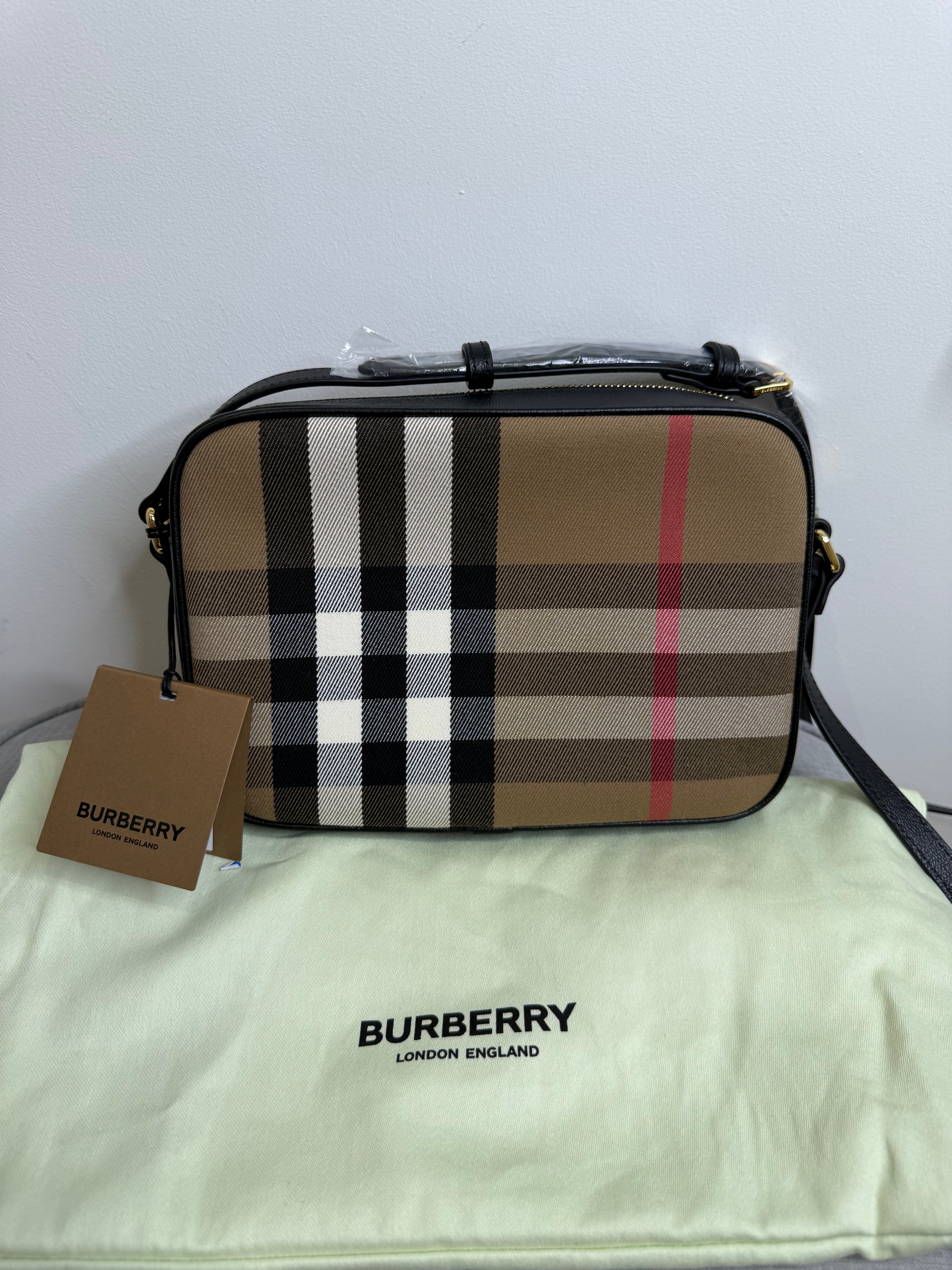 New Burberry Check and Black Leather Crossbody Camera Bag