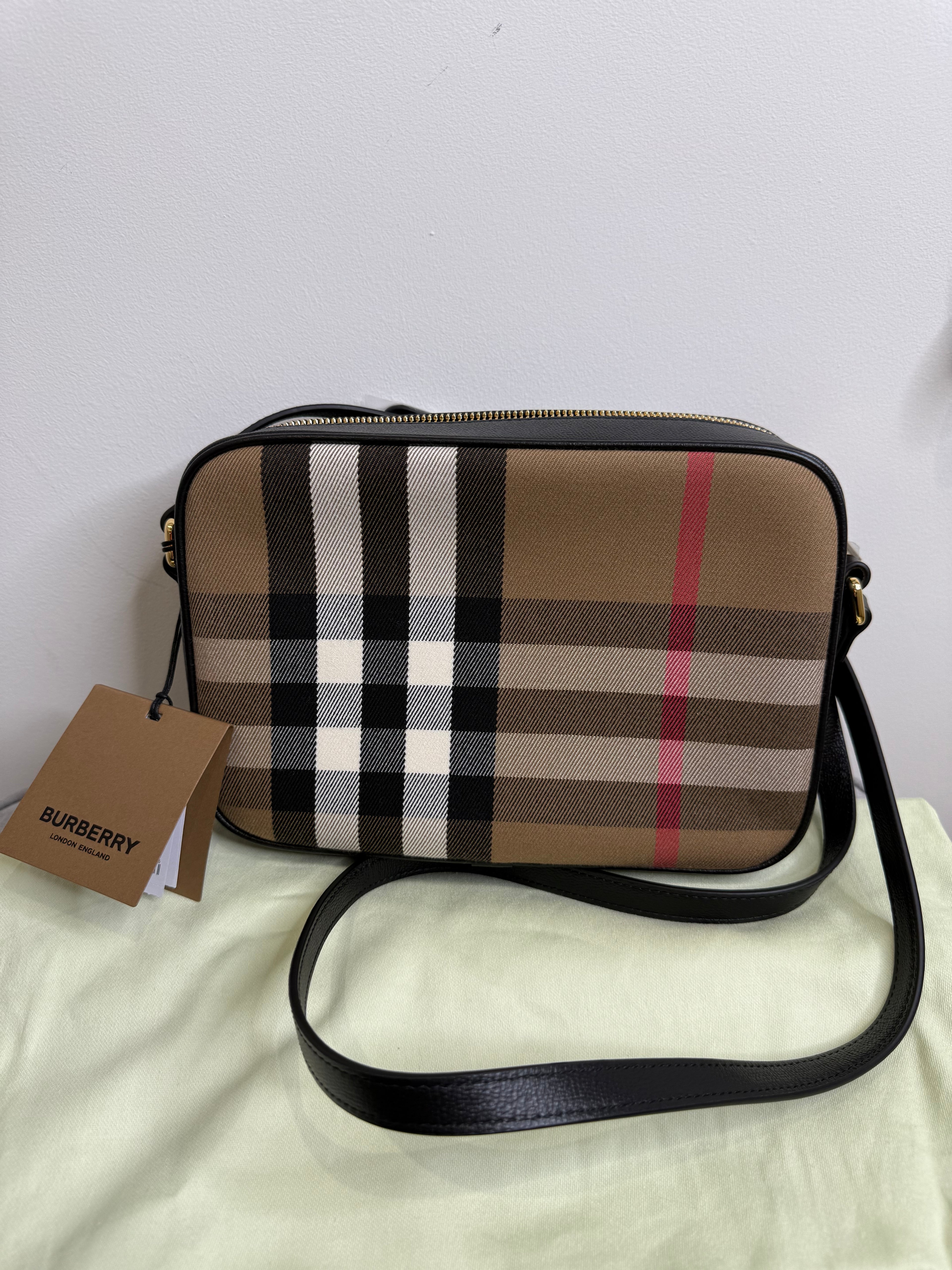 New Burberry Check and Black Leather Crossbody Camera Bag