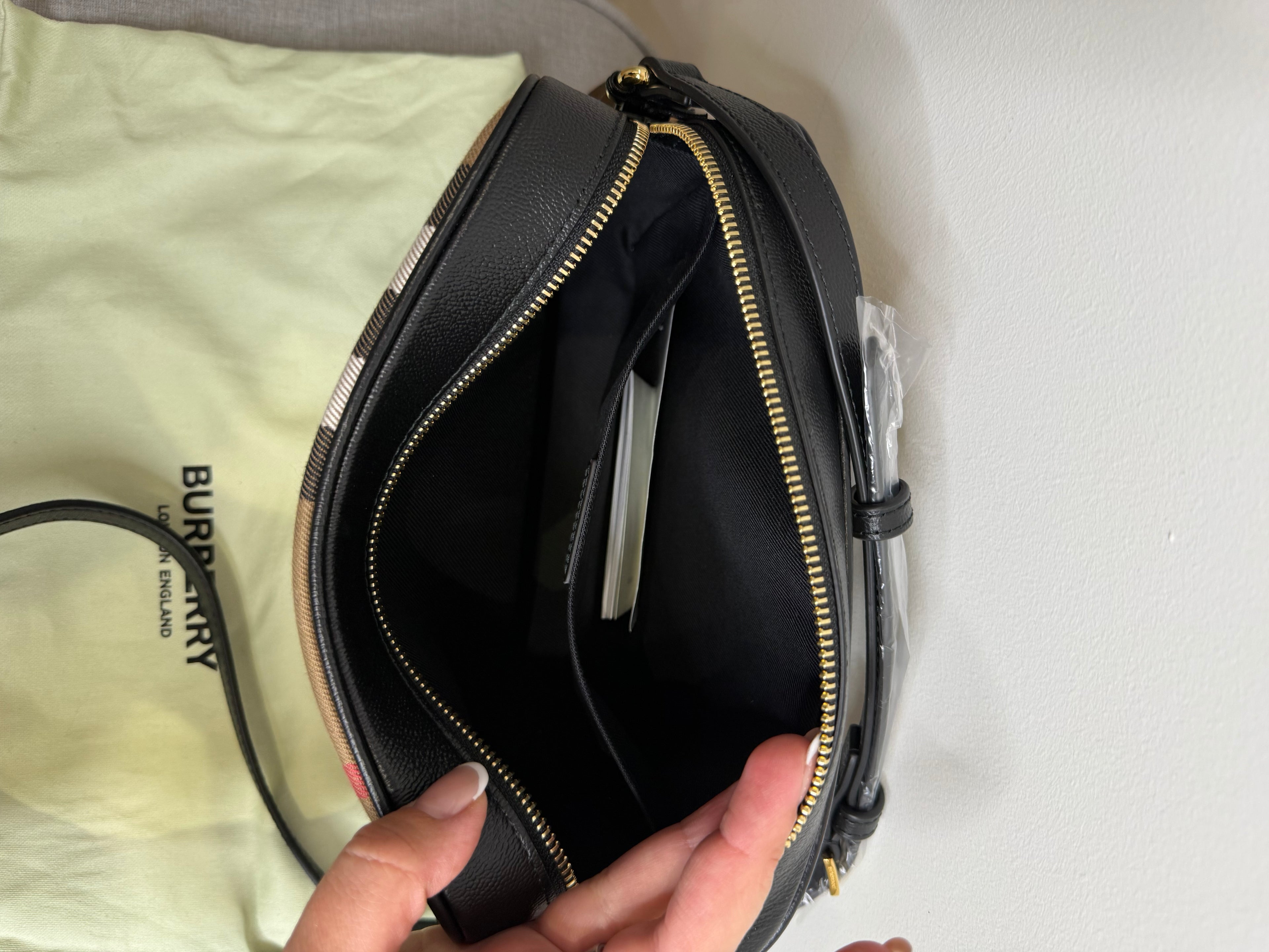 New Burberry Check and Black Leather Crossbody Camera Bag