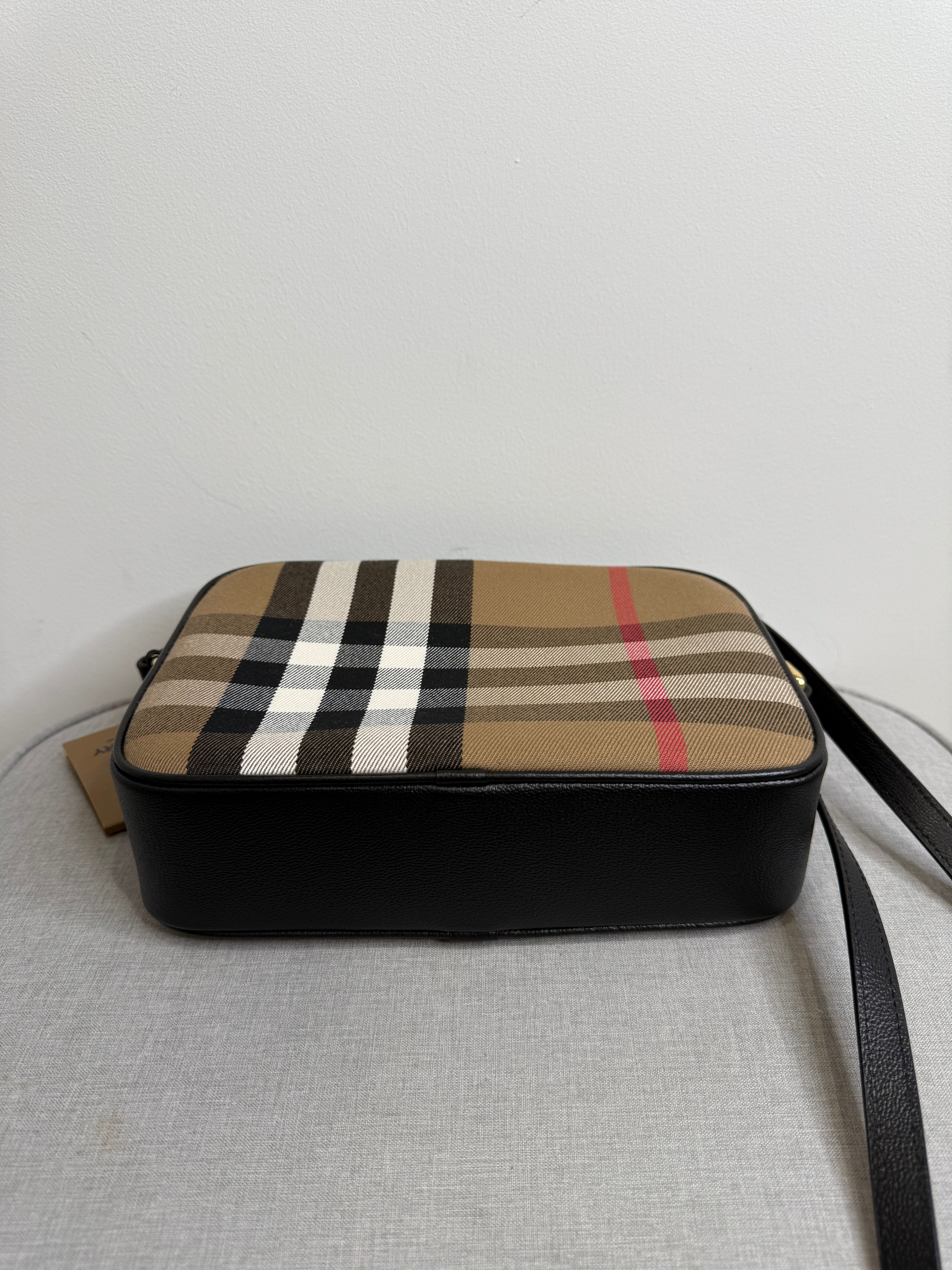 New Burberry Check and Black Leather Crossbody Camera Bag