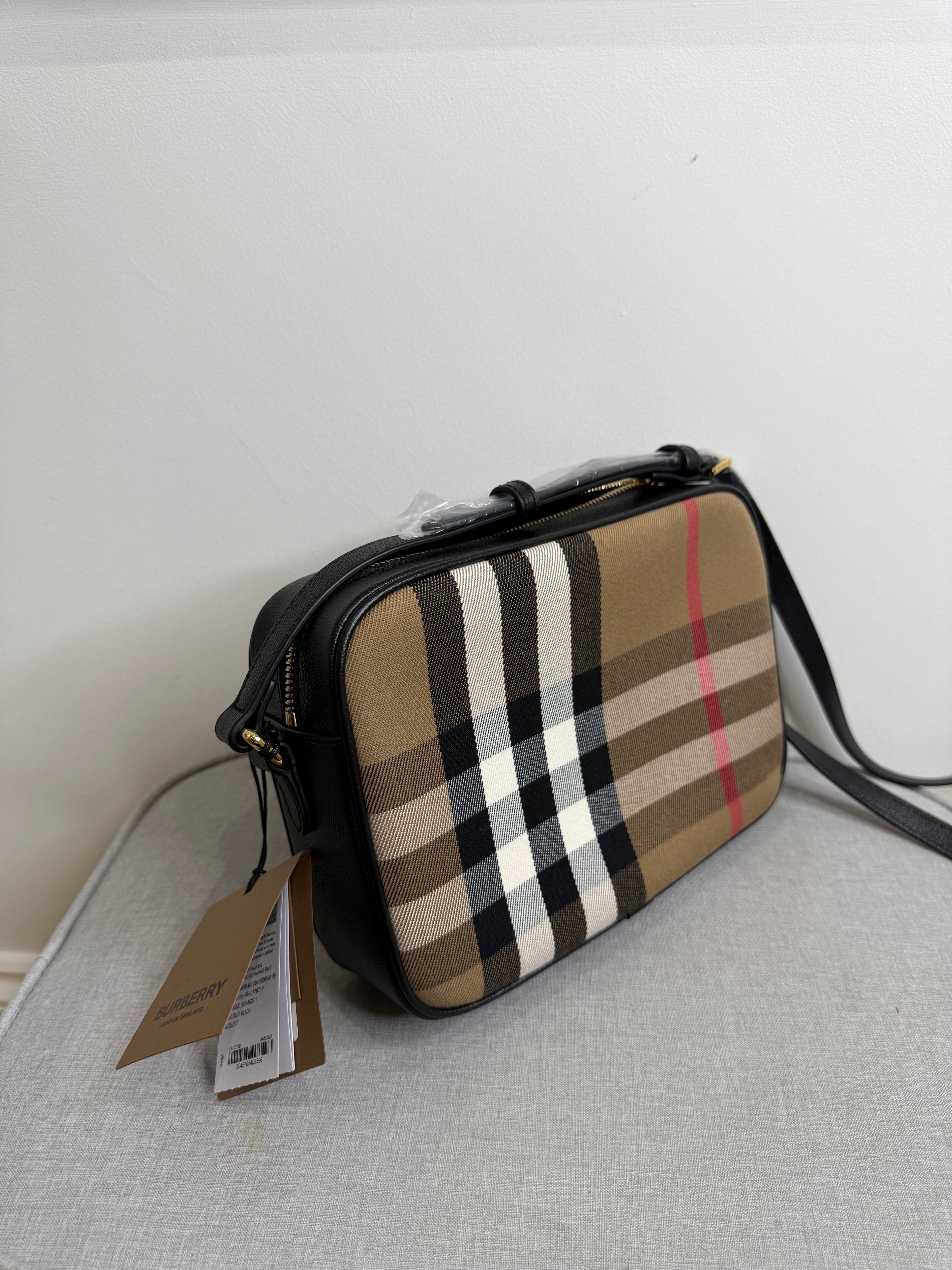 New Burberry Check and Black Leather Crossbody Camera Bag