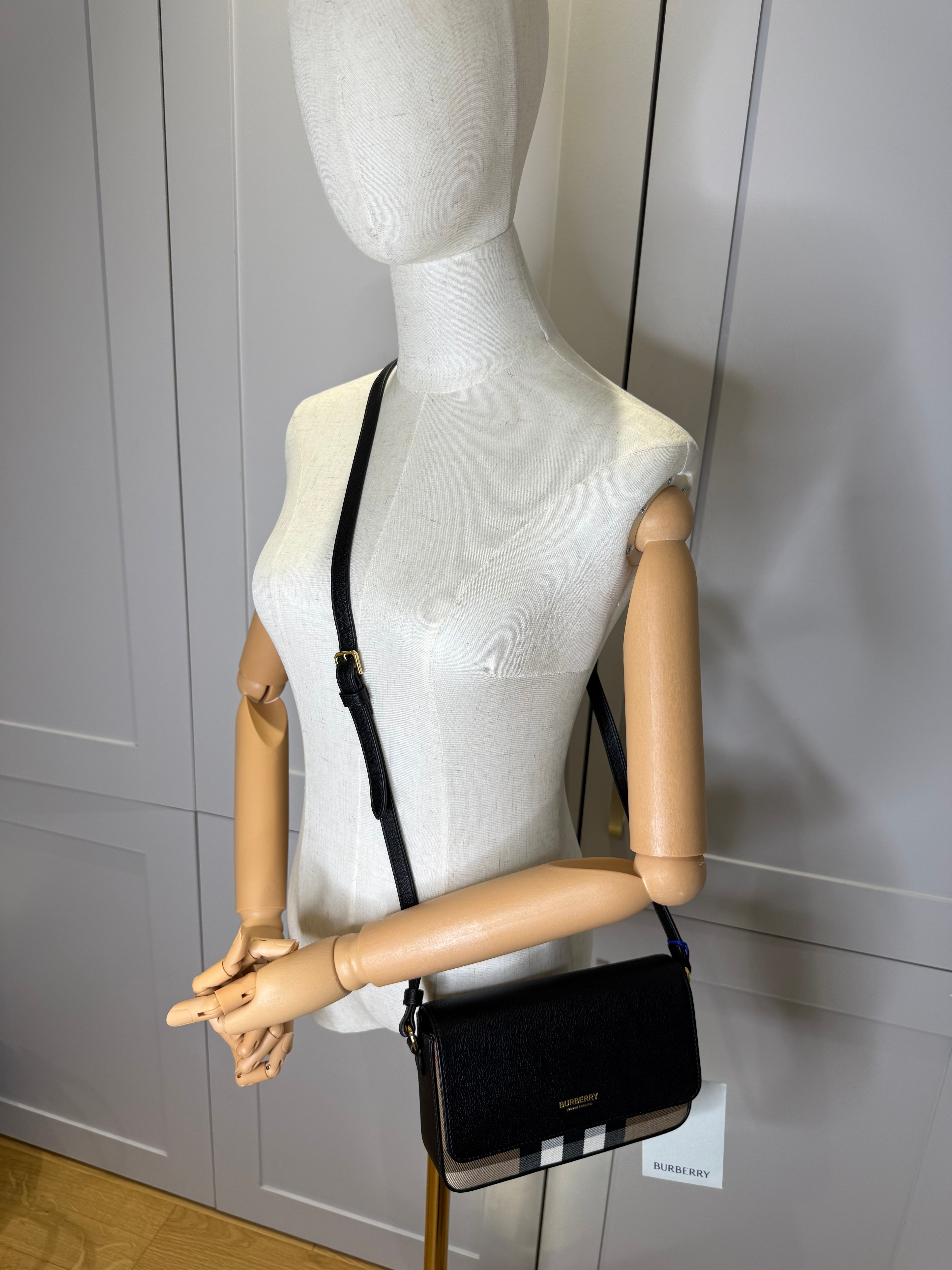 New Burberry New Hampshire House Check and Derby Black Leather Crossbody Bag
