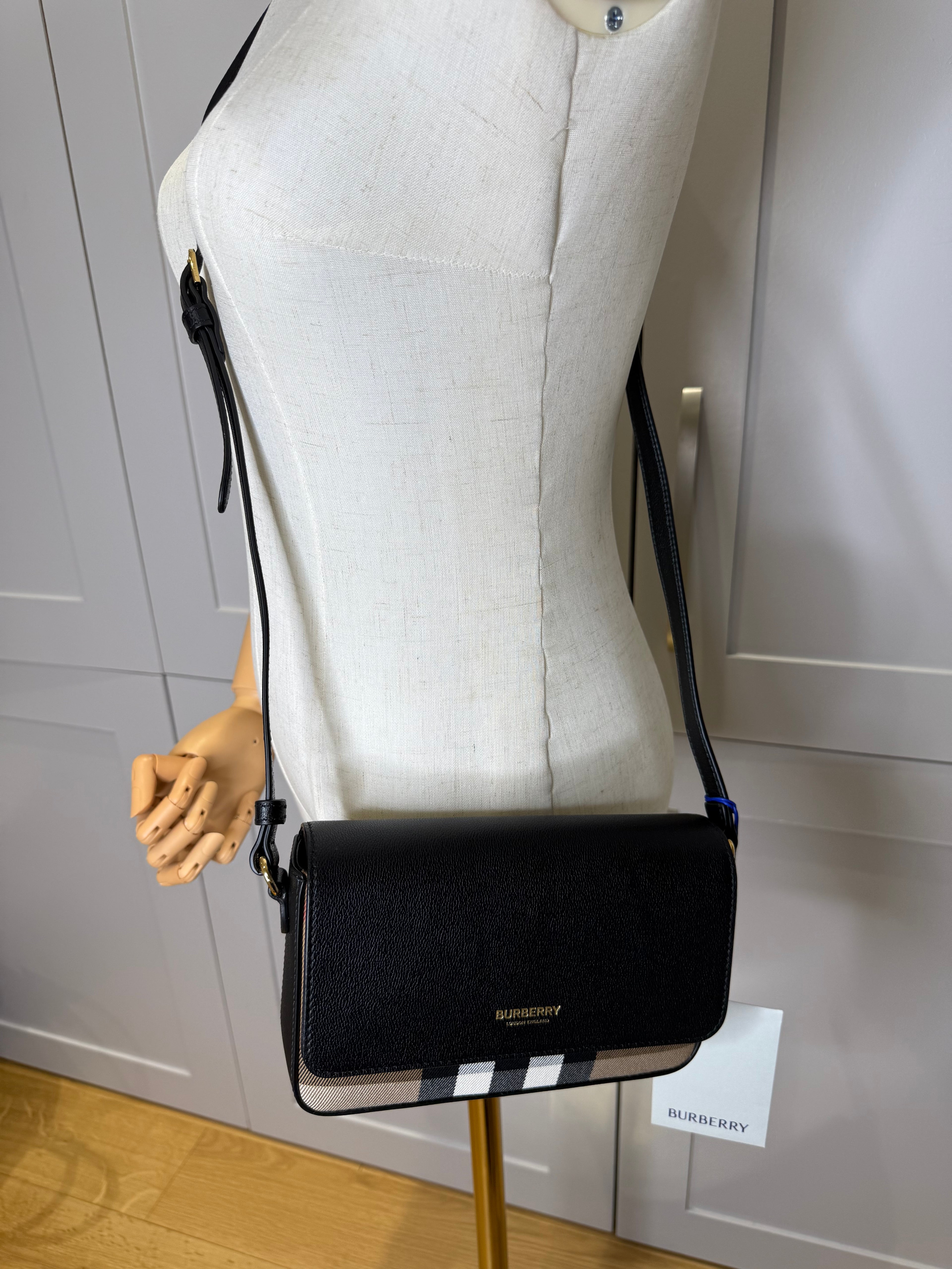 New Burberry New Hampshire House Check and Derby Black Leather Crossbody Bag