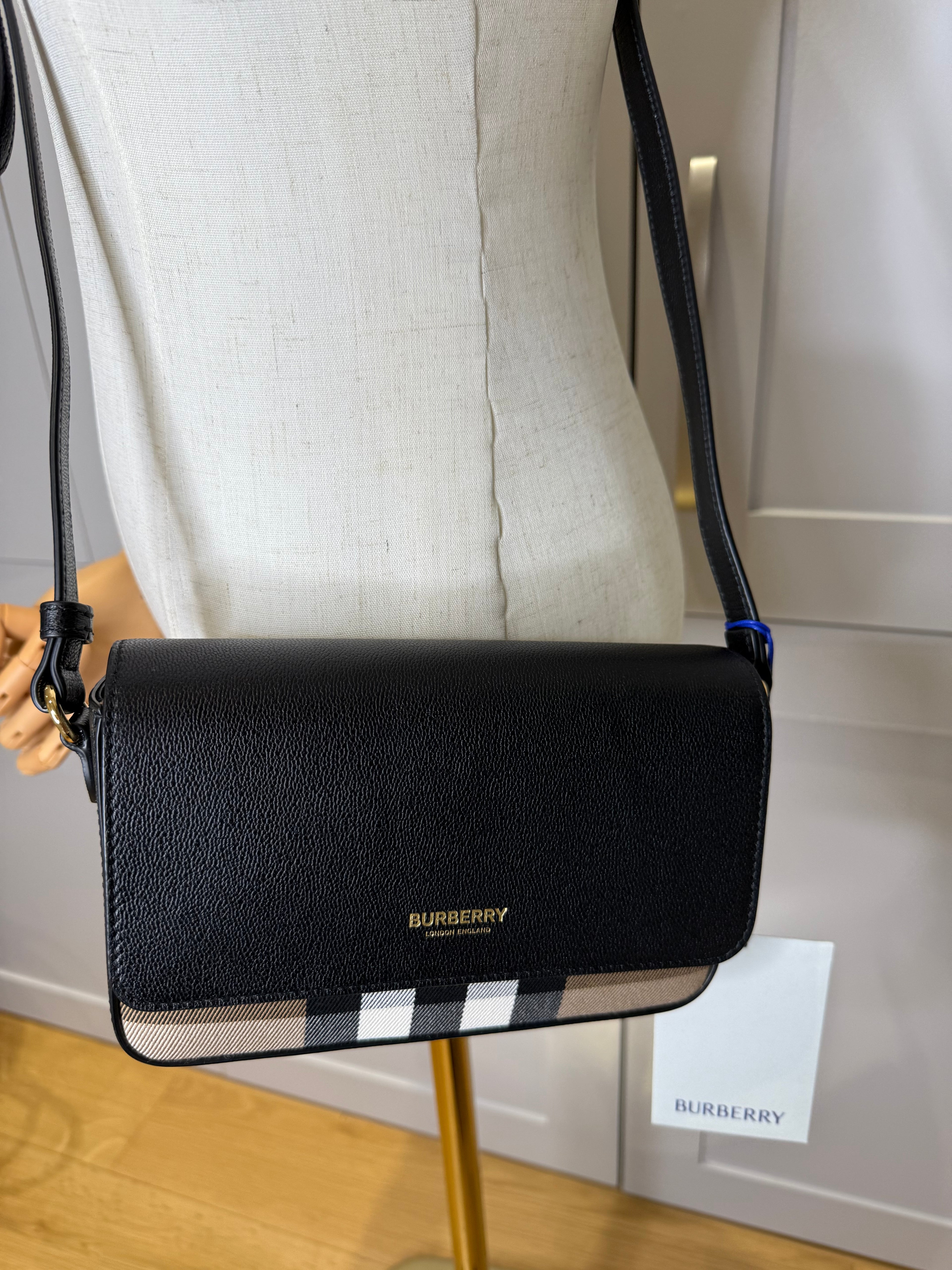 New Burberry New Hampshire House Check and Derby Black Leather Crossbody Bag