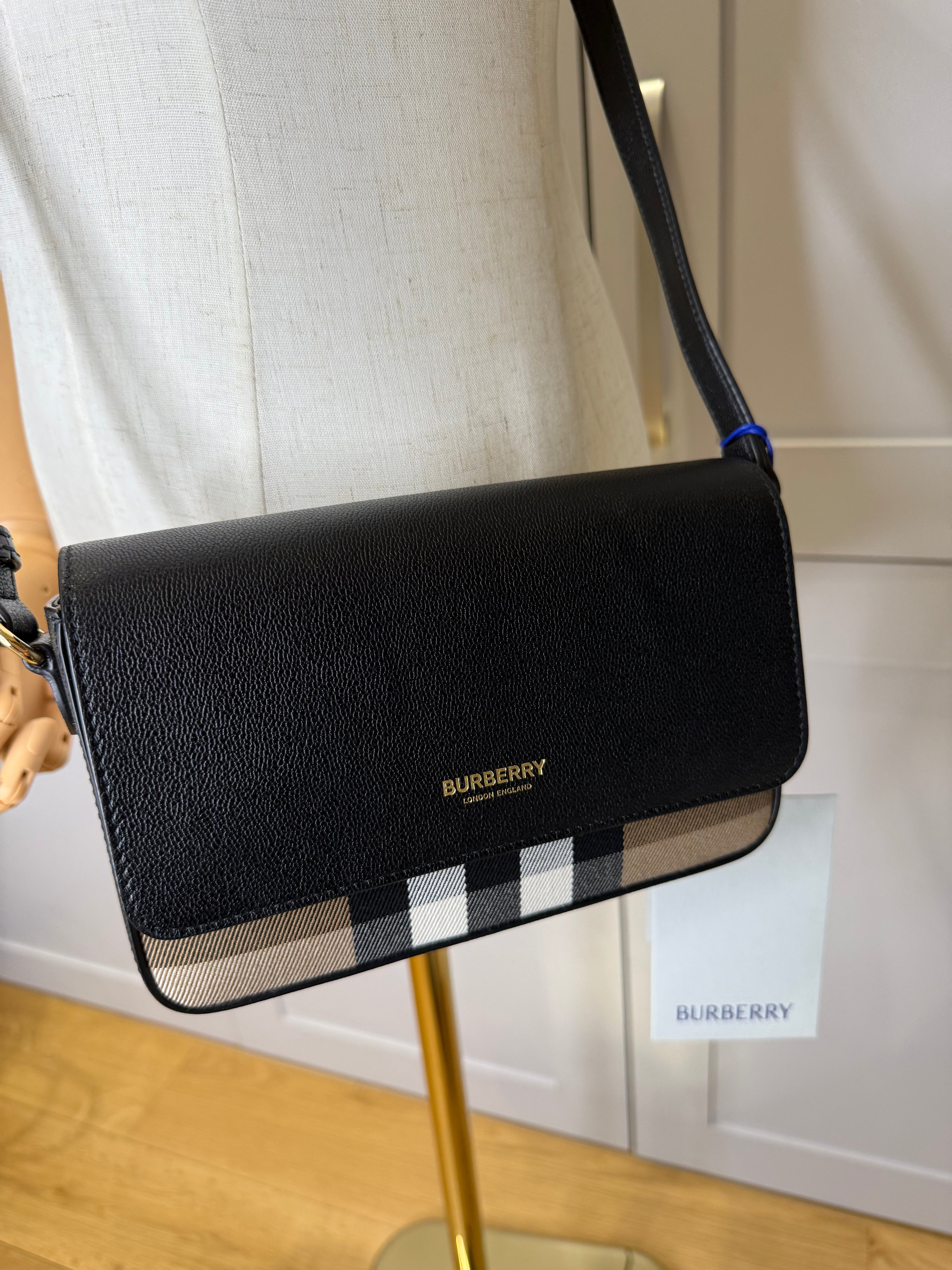 New Burberry New Hampshire House Check and Derby Black Leather Crossbody Bag