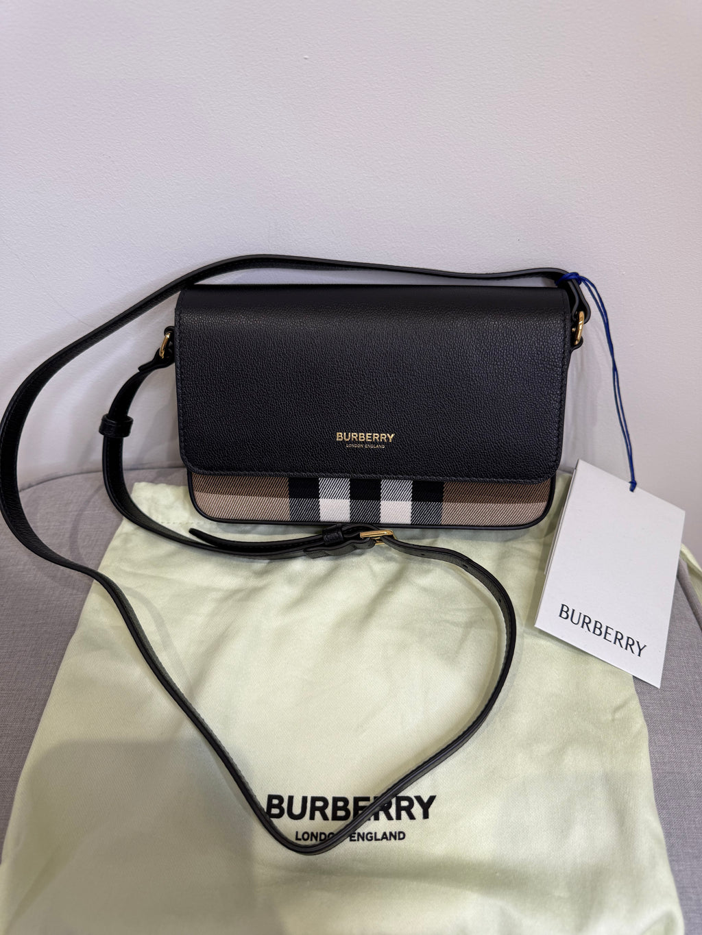 New Burberry New Hampshire House Check and Derby Black Leather Crossbody Bag