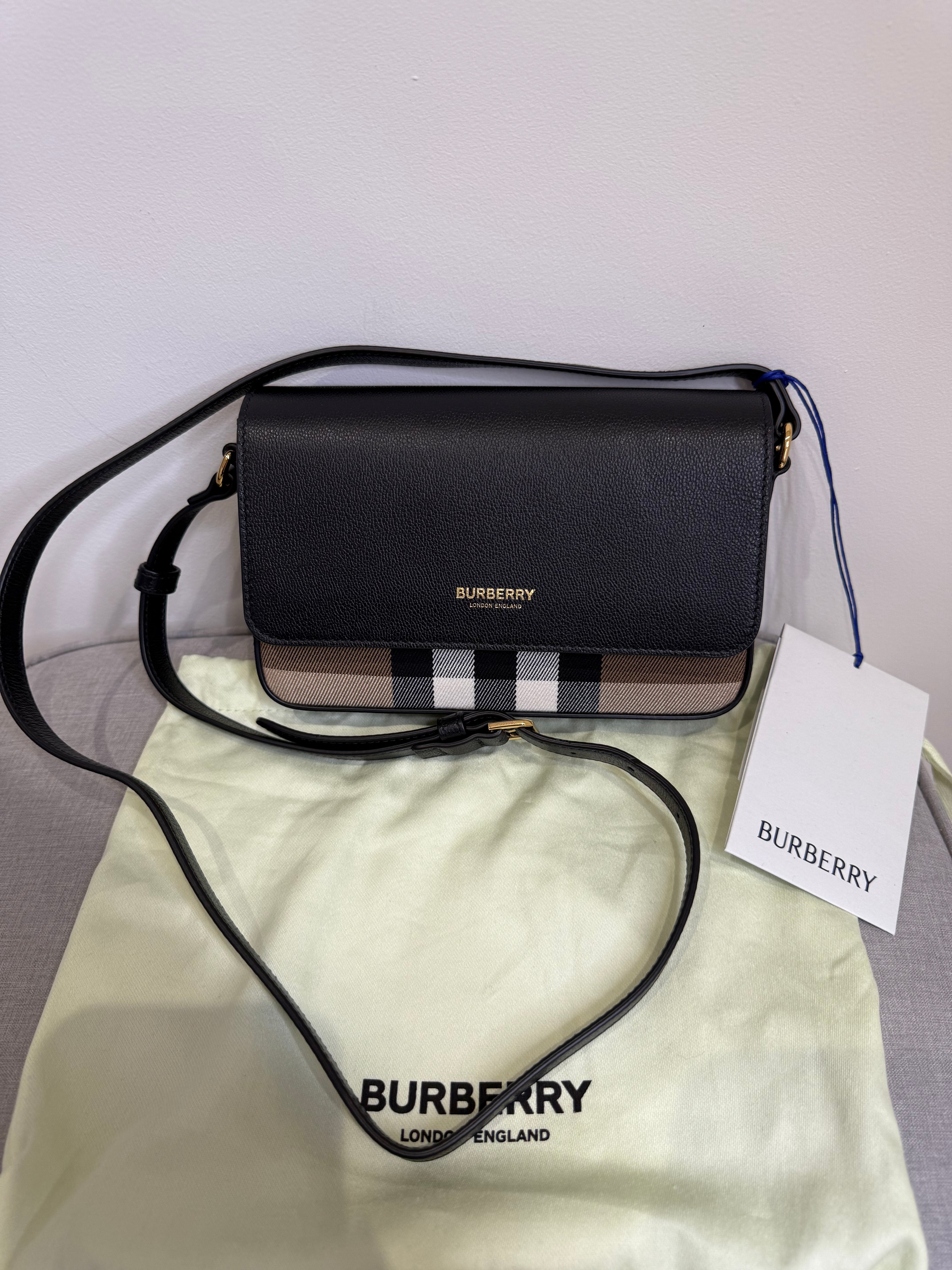 New Burberry New Hampshire House Check and Derby Black Leather Crossbody Bag