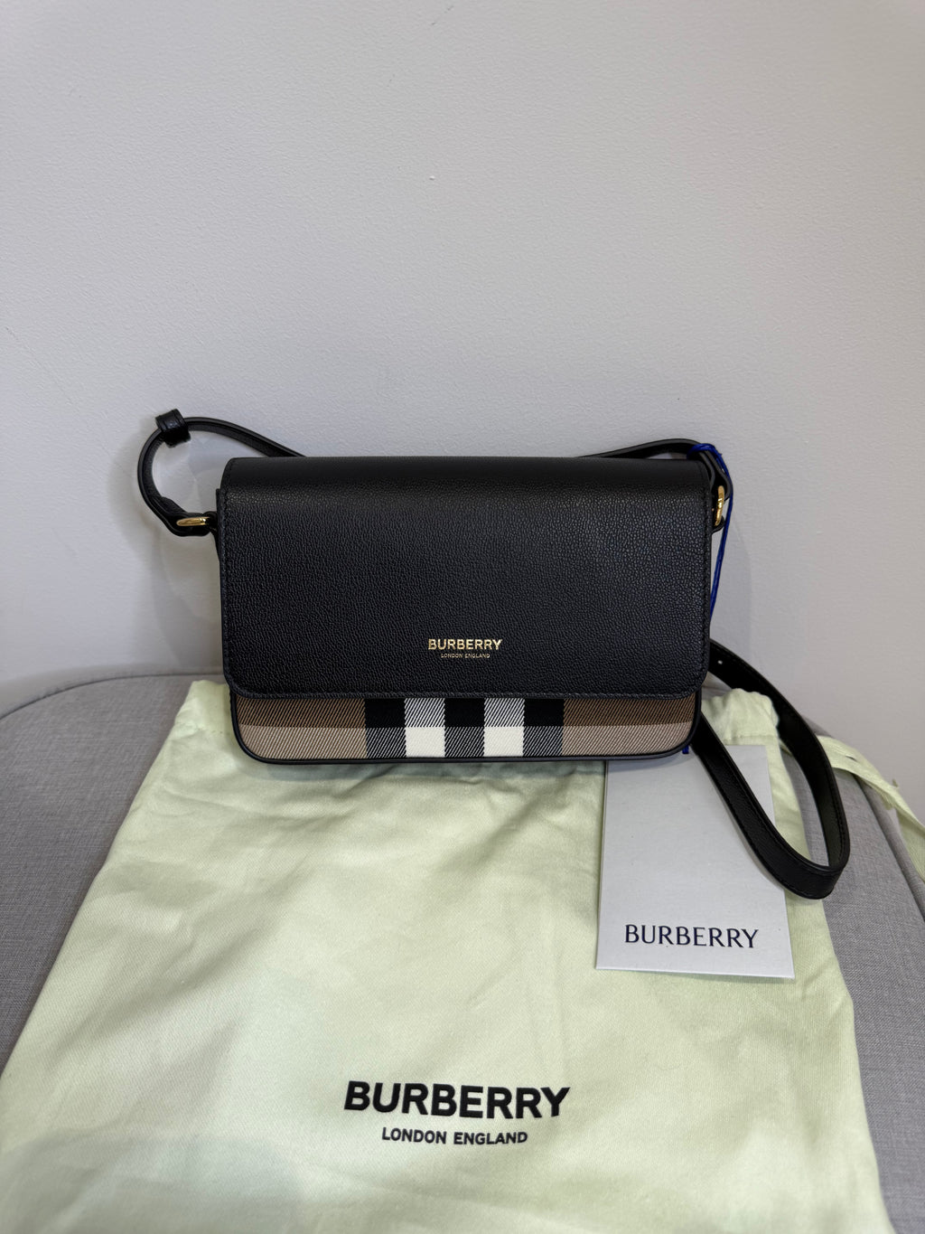 New Burberry New Hampshire House Check and Derby Black Leather Crossbody Bag