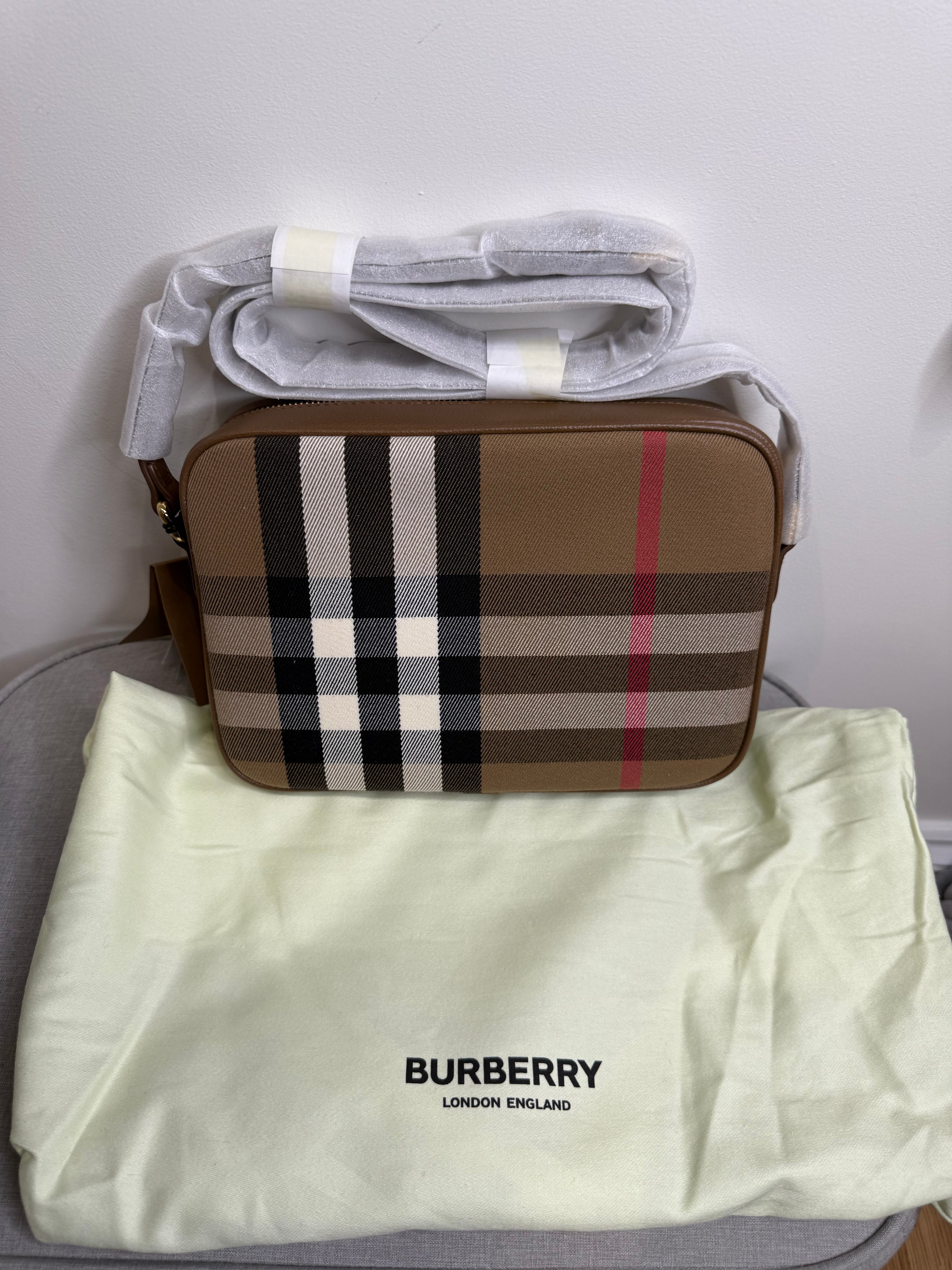 New Burberry Check and Black Leather Crossbody Camera Bag
