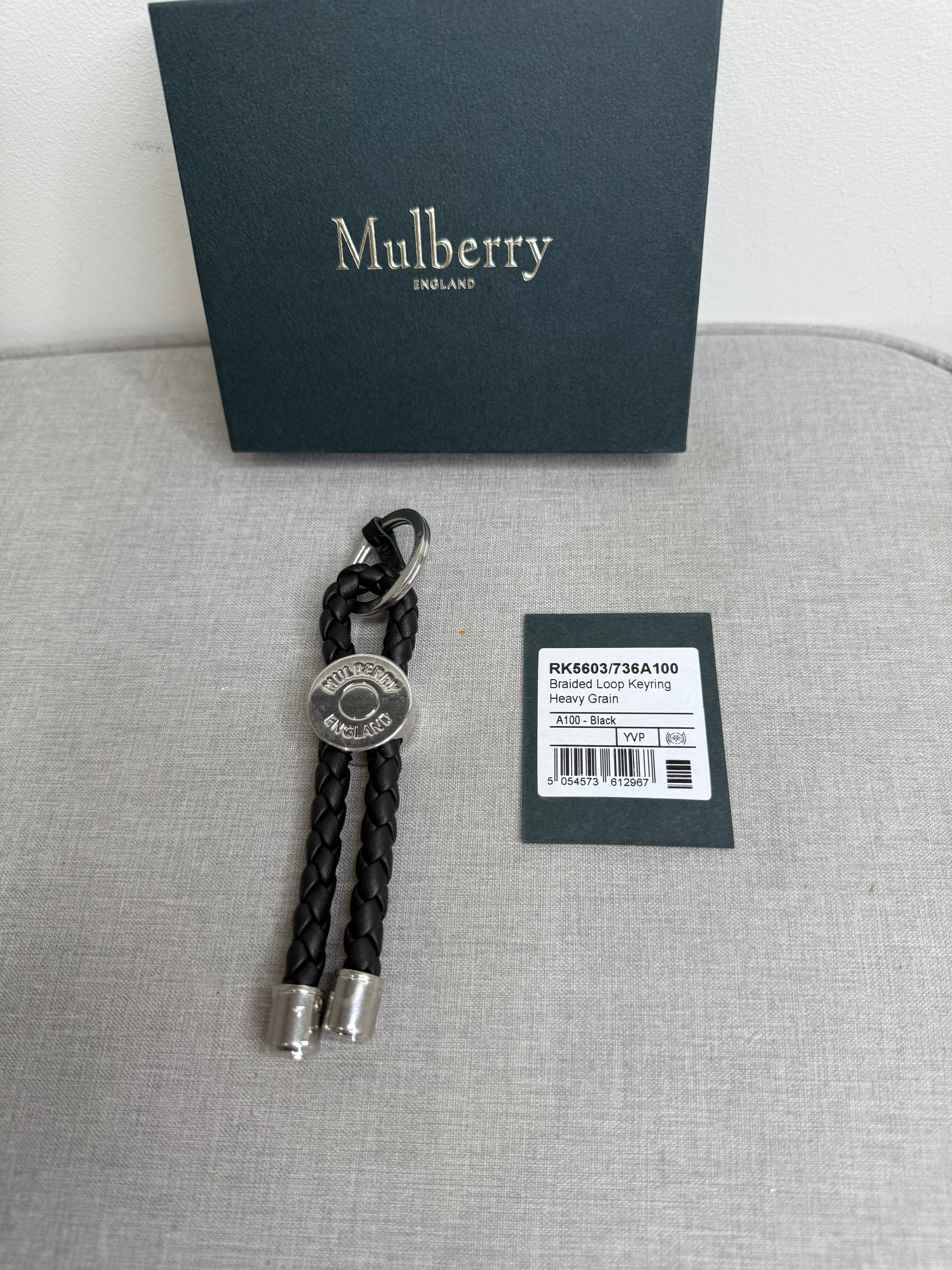 New Mulberry Black Braided Loop Keyring with Silver Hardwear
