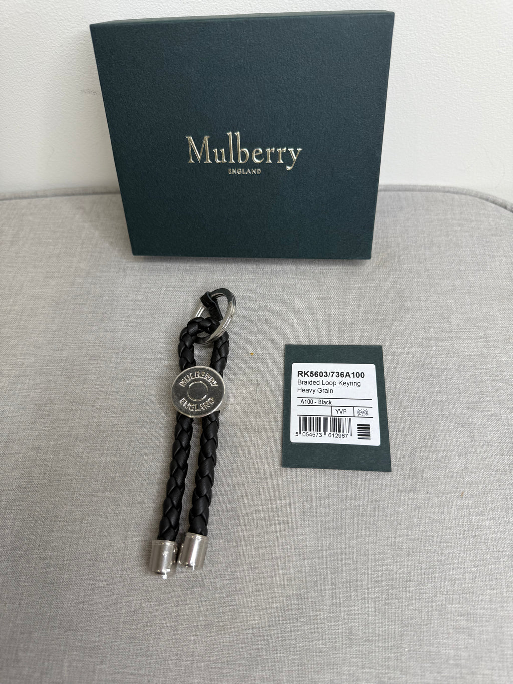 New Mulberry Black Braided Loop Keyring with Silver Hardwear