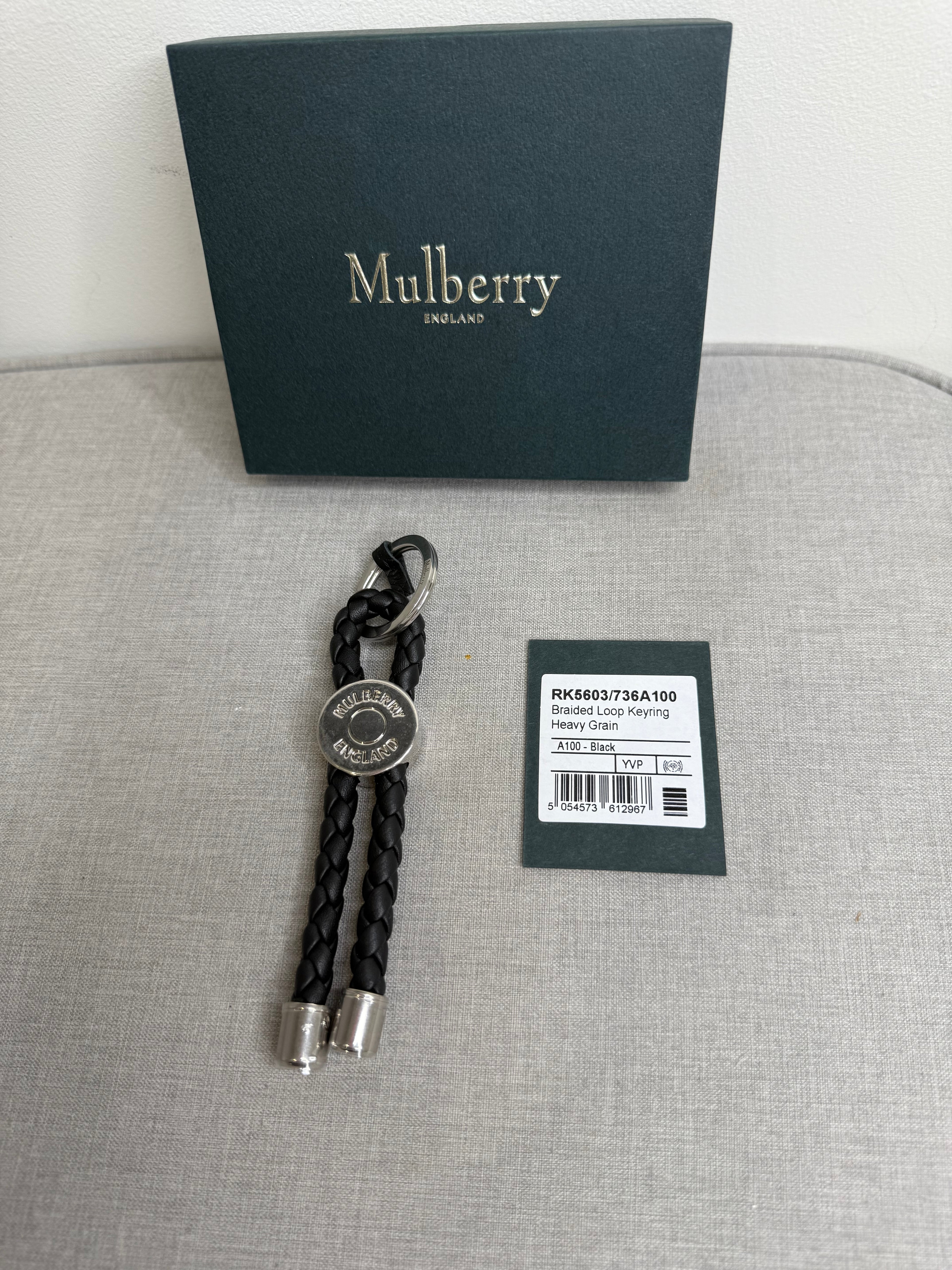 New Mulberry Black Braided Loop Keyring with Silver Hardwear