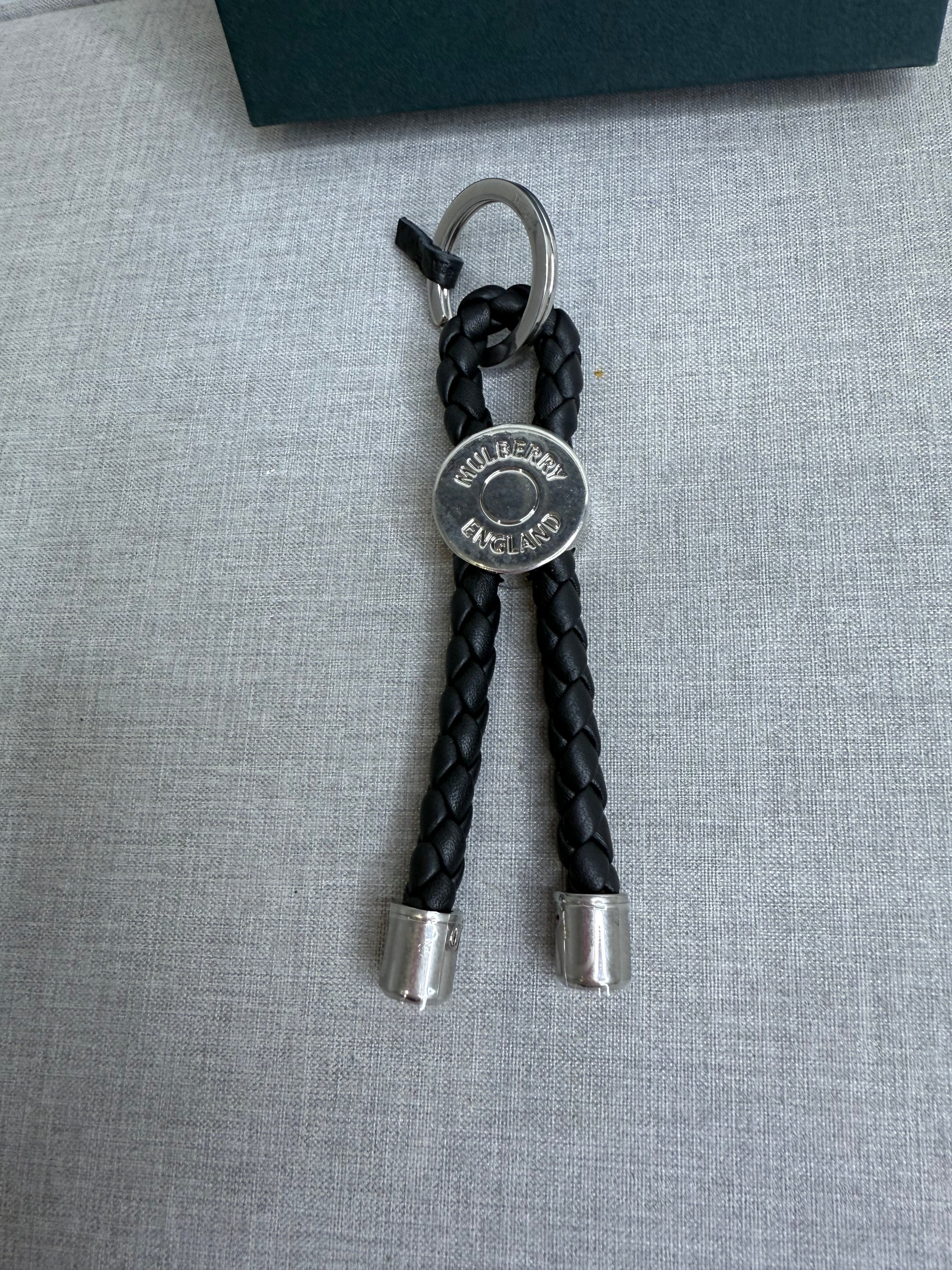 New Mulberry Black Braided Loop Keyring with Silver Hardwear