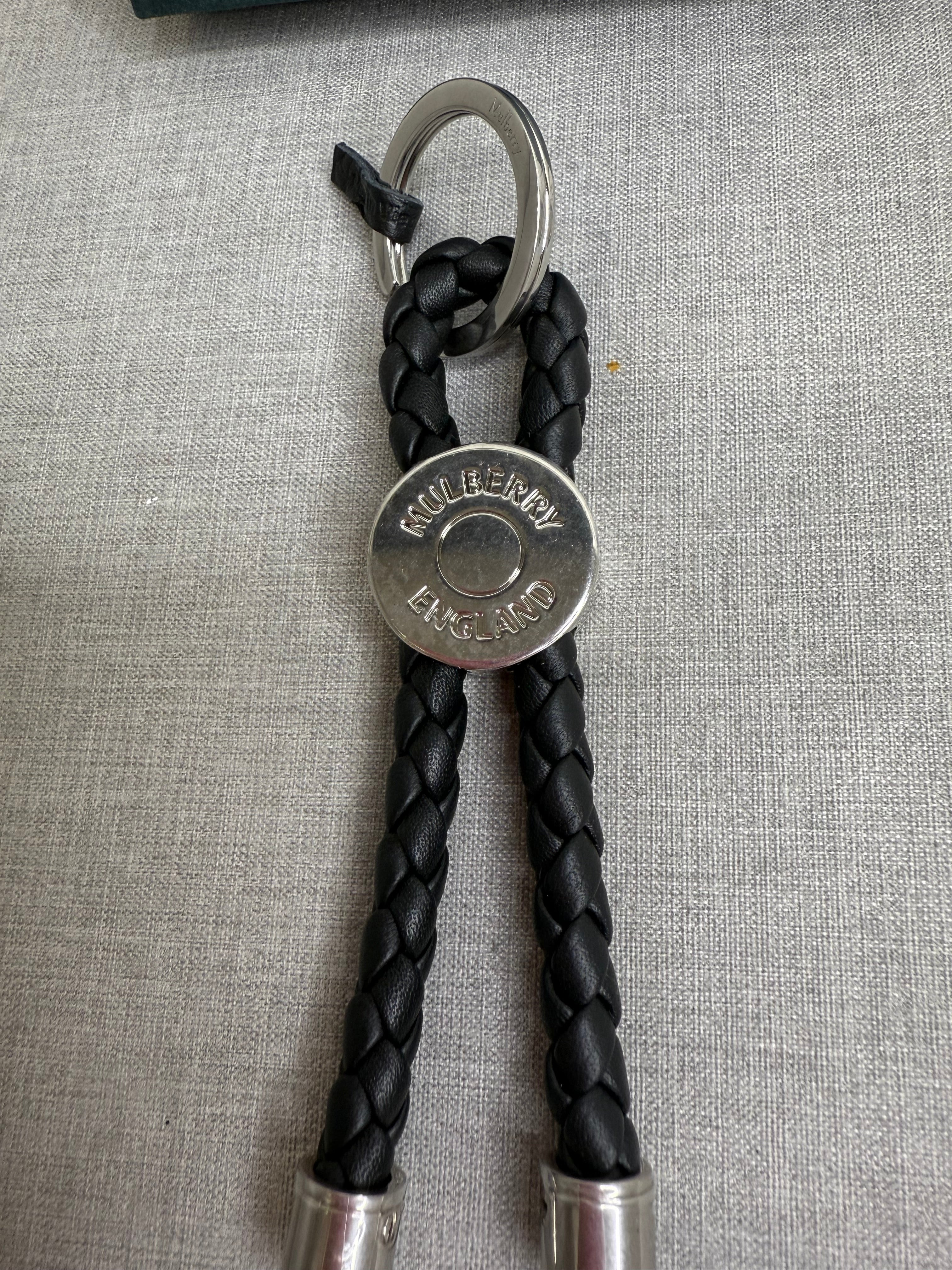 New Mulberry Black Braided Loop Keyring with Silver Hardwear