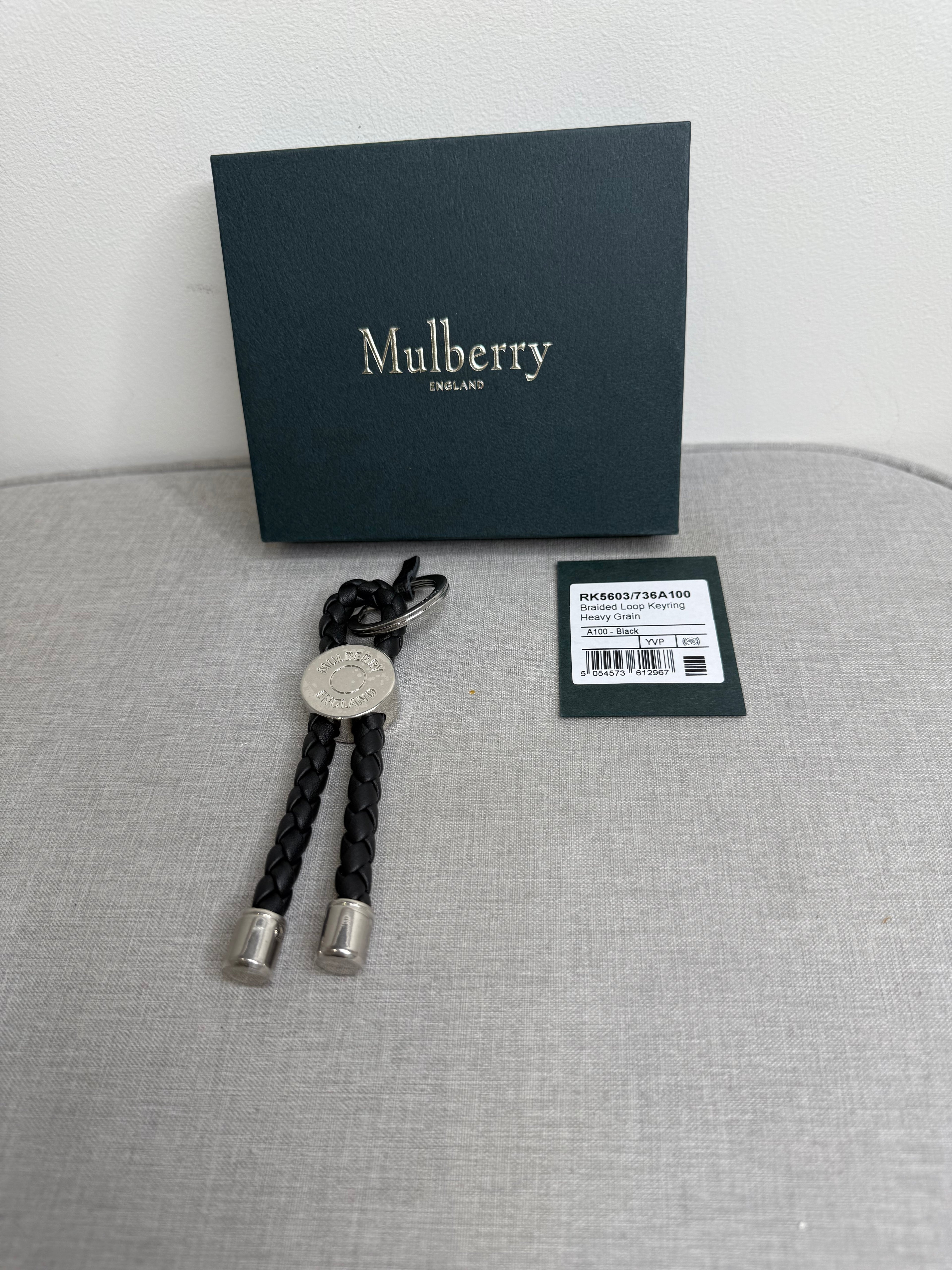 New Mulberry Black Braided Loop Keyring with Silver Hardwear