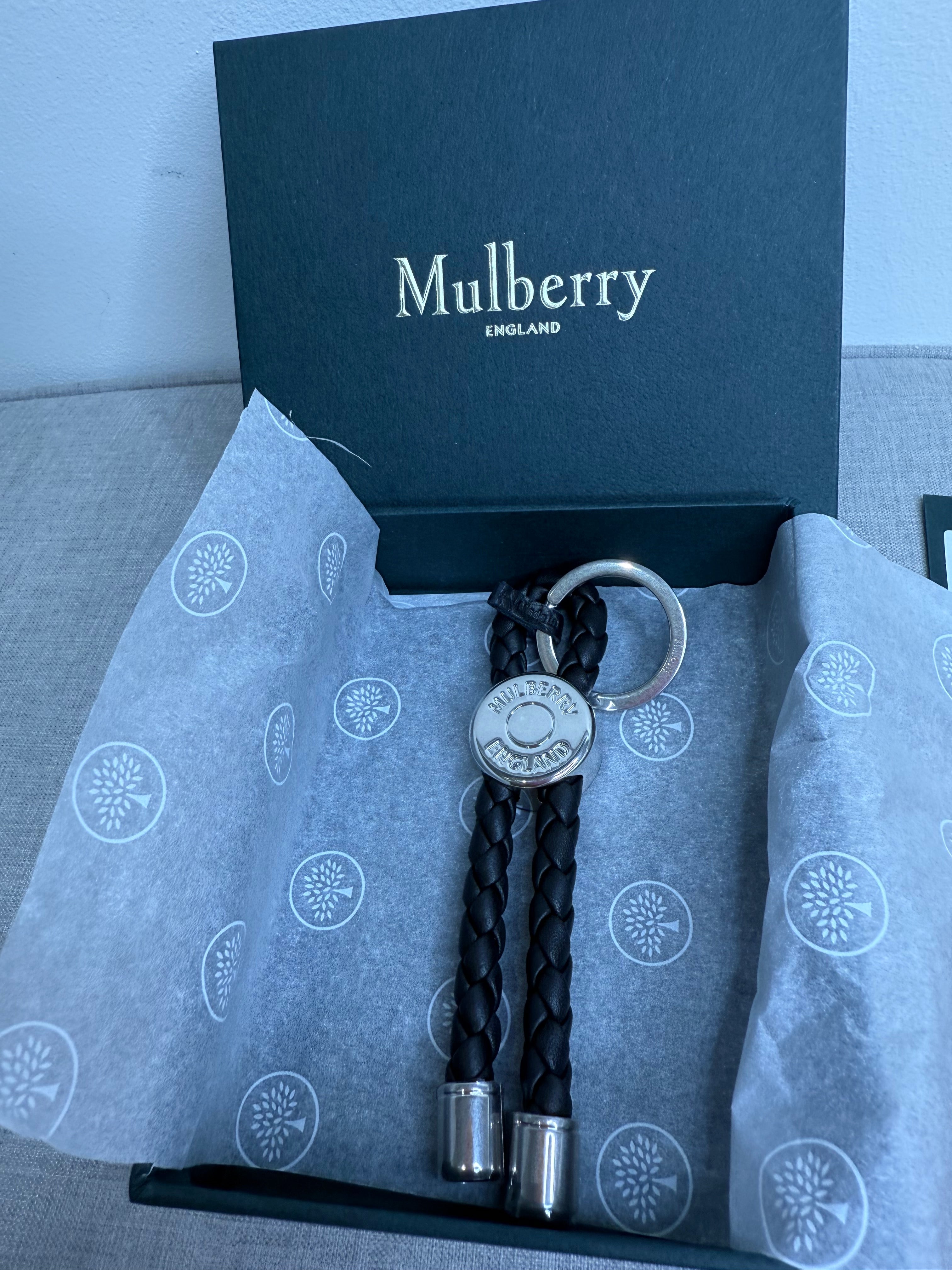 New Mulberry Black Braided Loop Keyring with Silver Hardwear