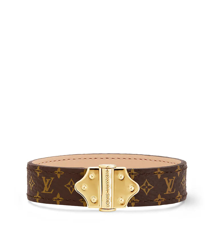 Louis Vuitton monogram canvas bracelet with a gold-tone metal clasp, displayed on a clean white background.