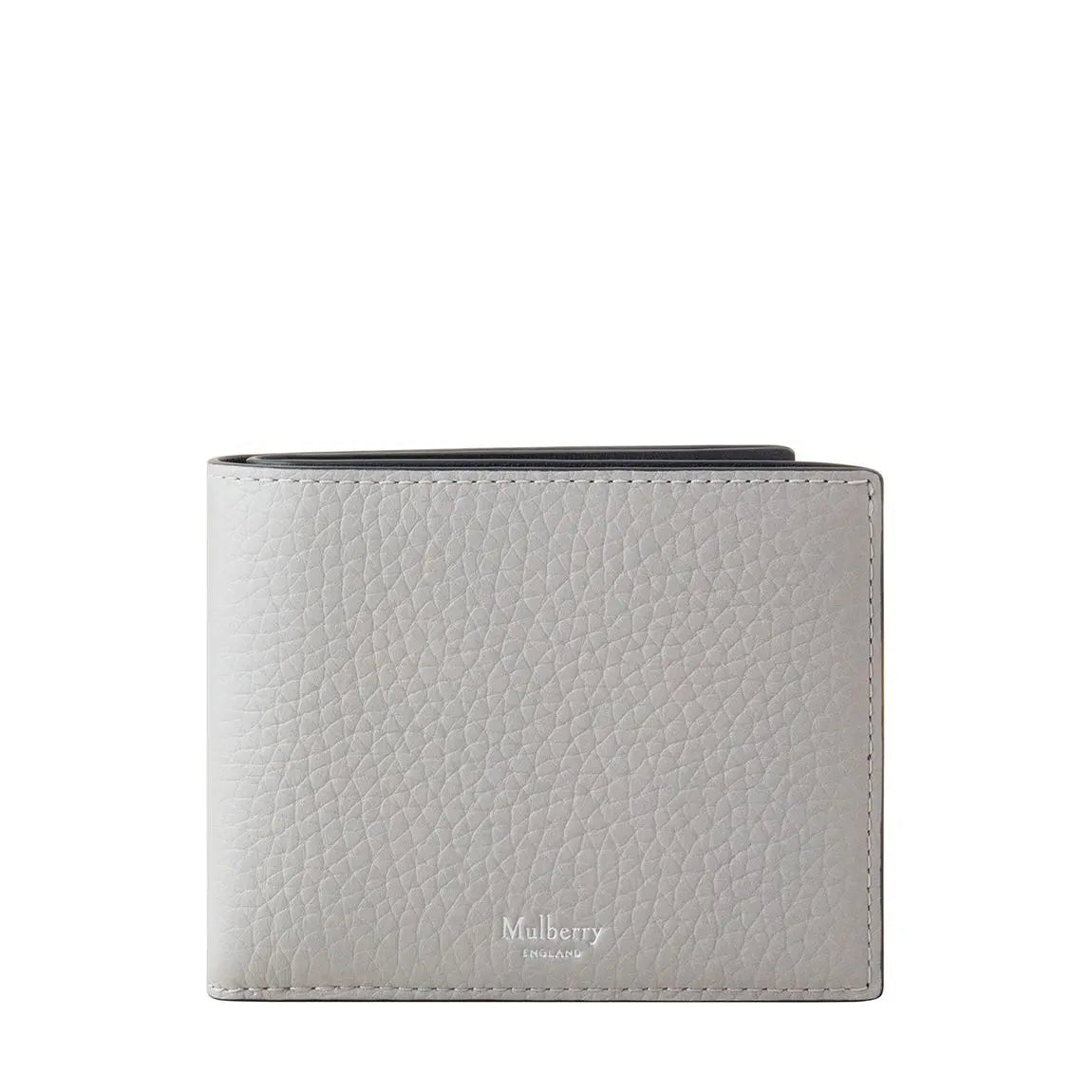 New Gray textured wallet with 'Mulberry' branding on a white background