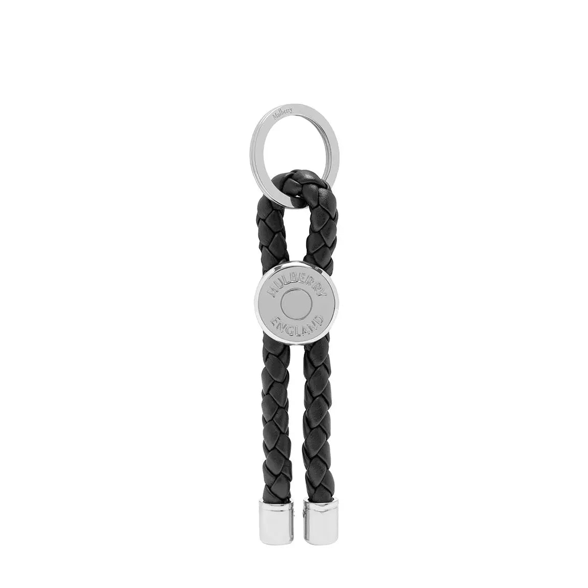 Mulberry Black braided keychain with silver metal components on a white background