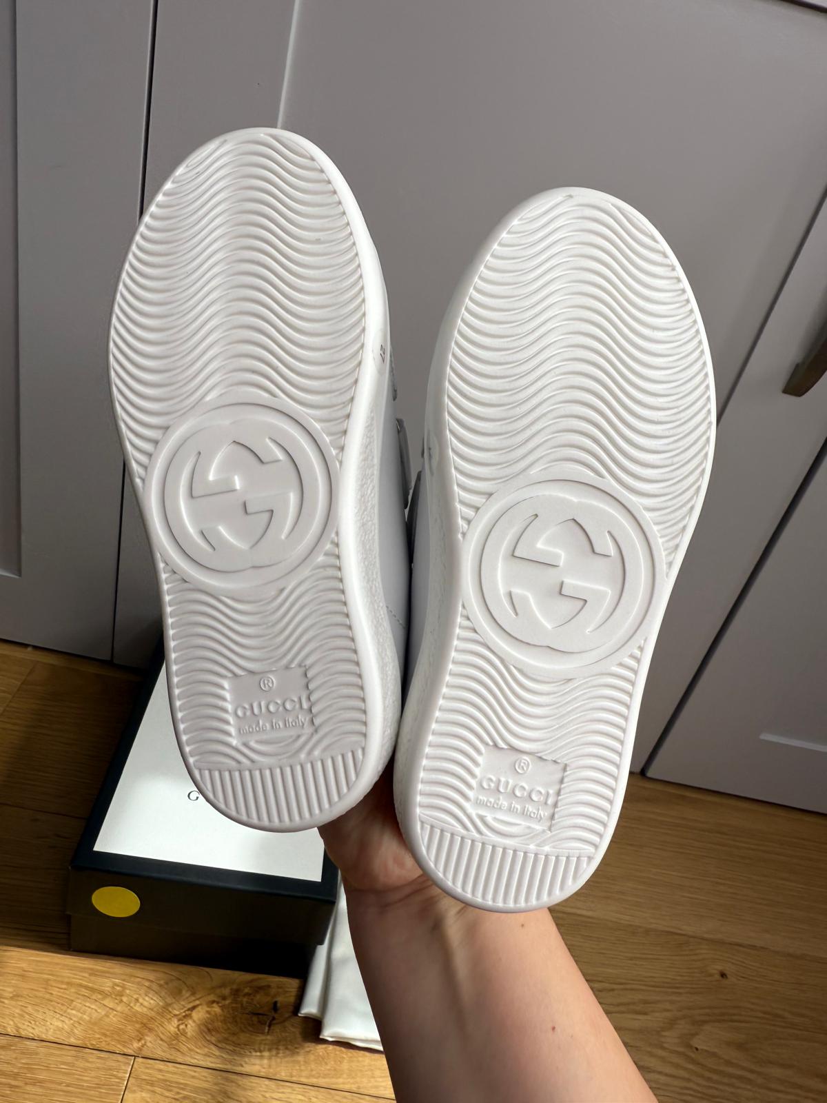 New Gucci GG Ace Junior Leather trainers with perforated GG and grey heel detail