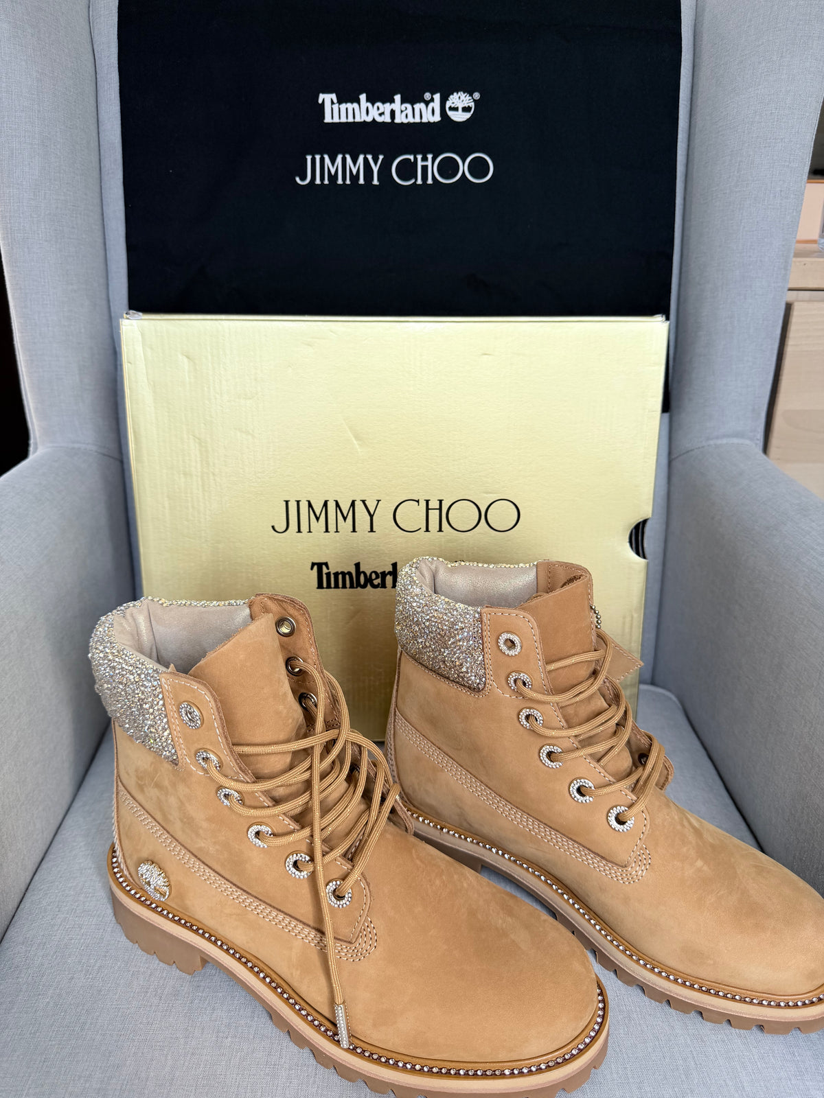 Timberland x Jimmy Choo nude Swarovski encrusted boots with box and dustbag Eu 40