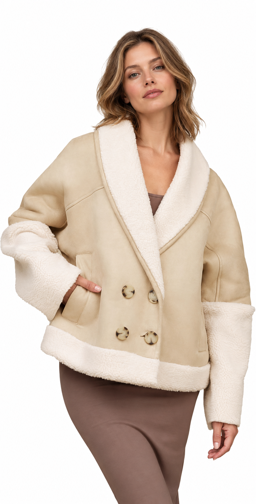 UGG Mindy LuxeFluff Faux Shearling Jacket on a blonde girl 