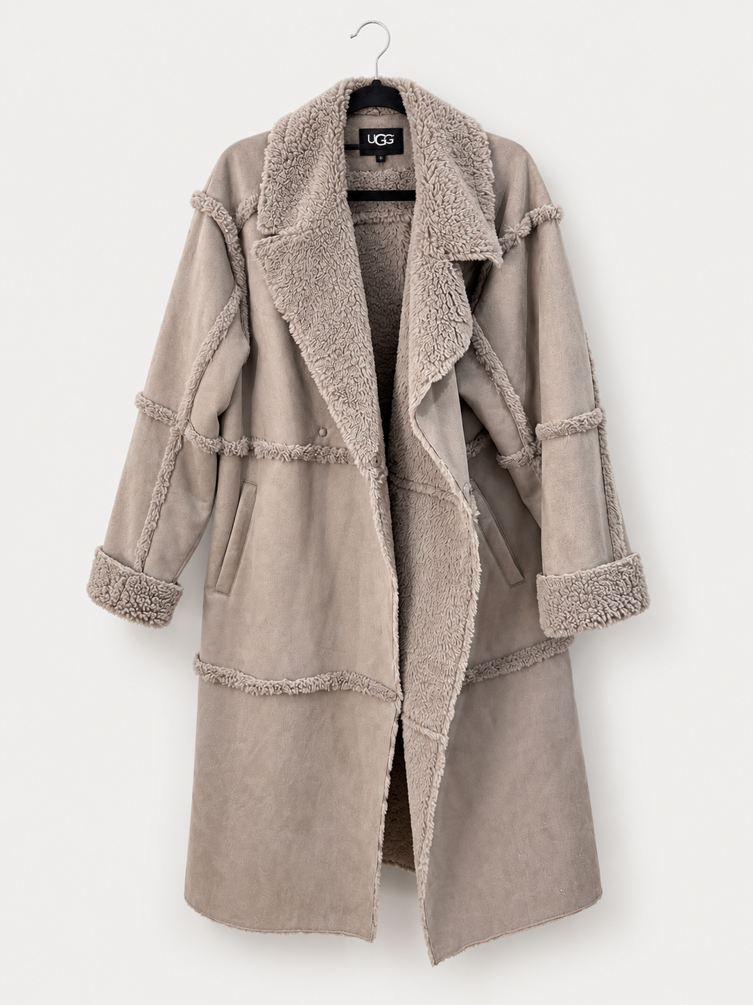 UGG Takara Long Faux Twinface Coat – Taupe / Wolf Grey – Large – New Without Tags