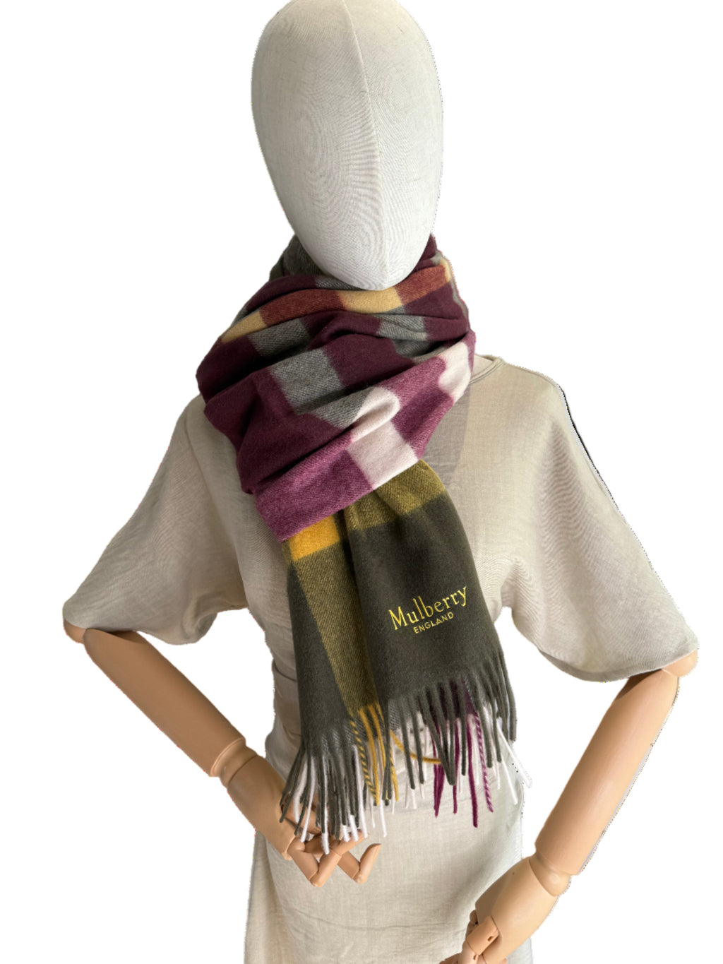 Mulberry large check lambswool scarf shawl in khaki and berry brand new