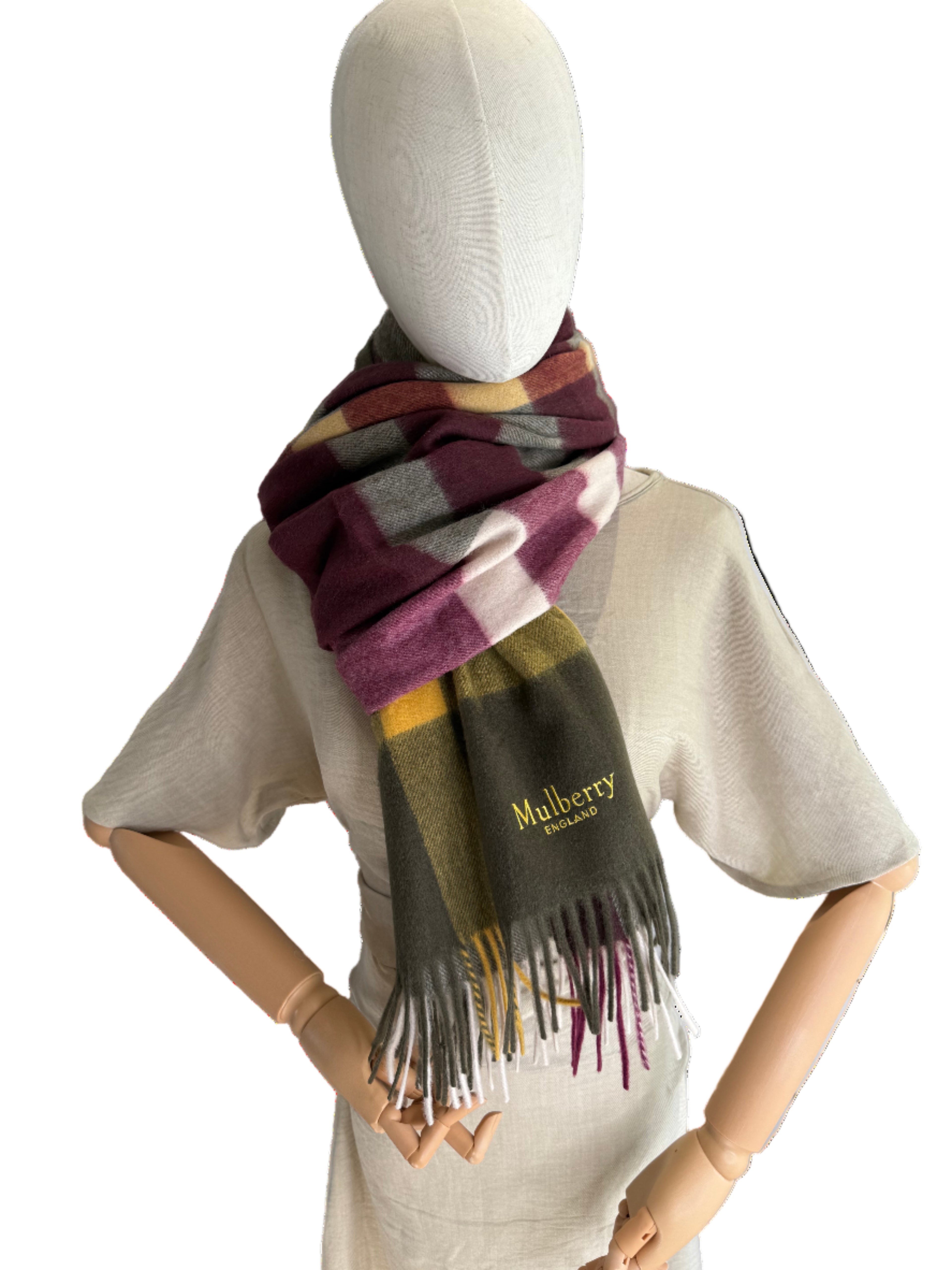 Mulberry large check lambswool scarf shawl in khaki and berry brand new