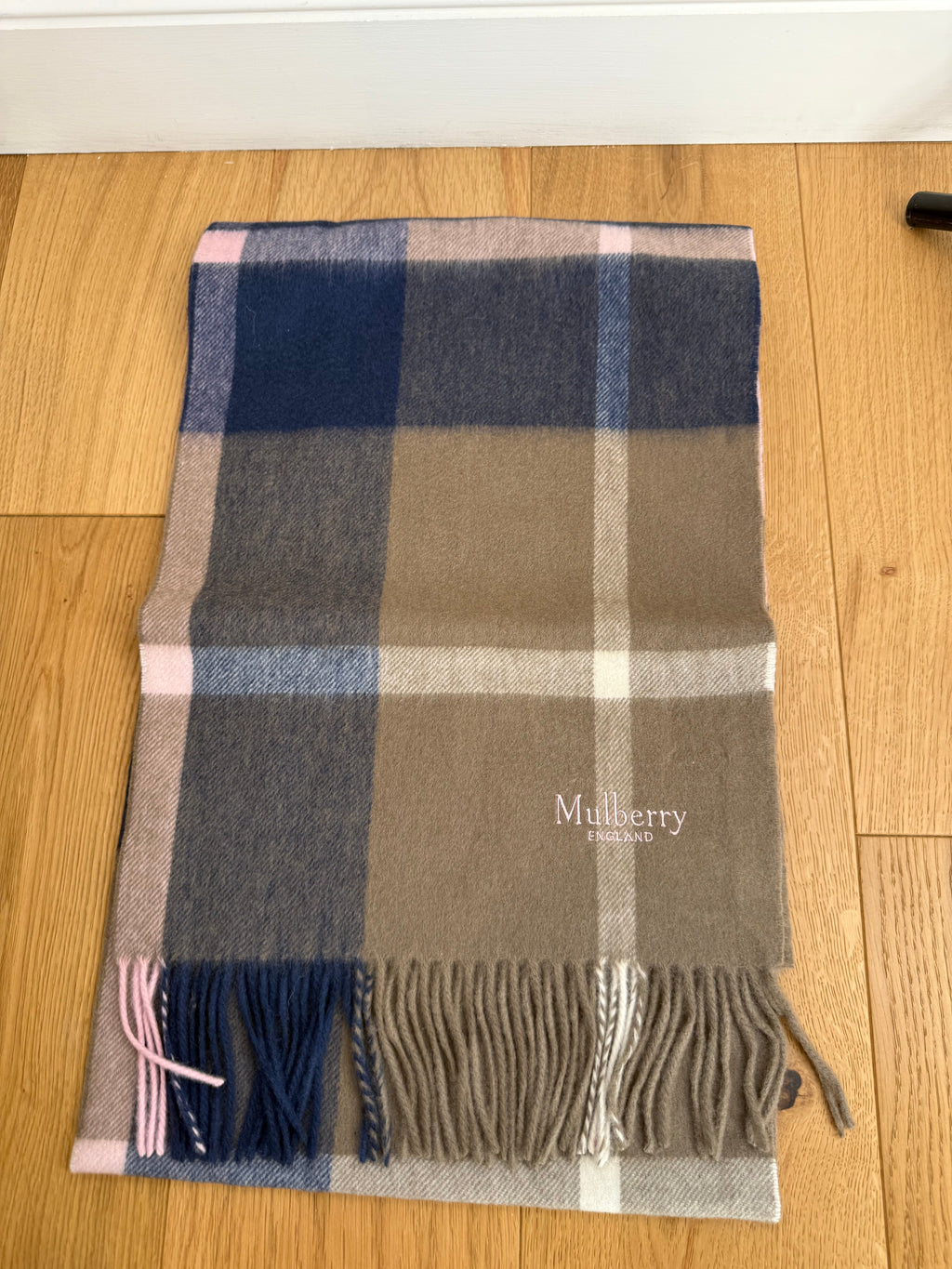 Folded Mulberry khaki and berry large check lambswool scarf Detail