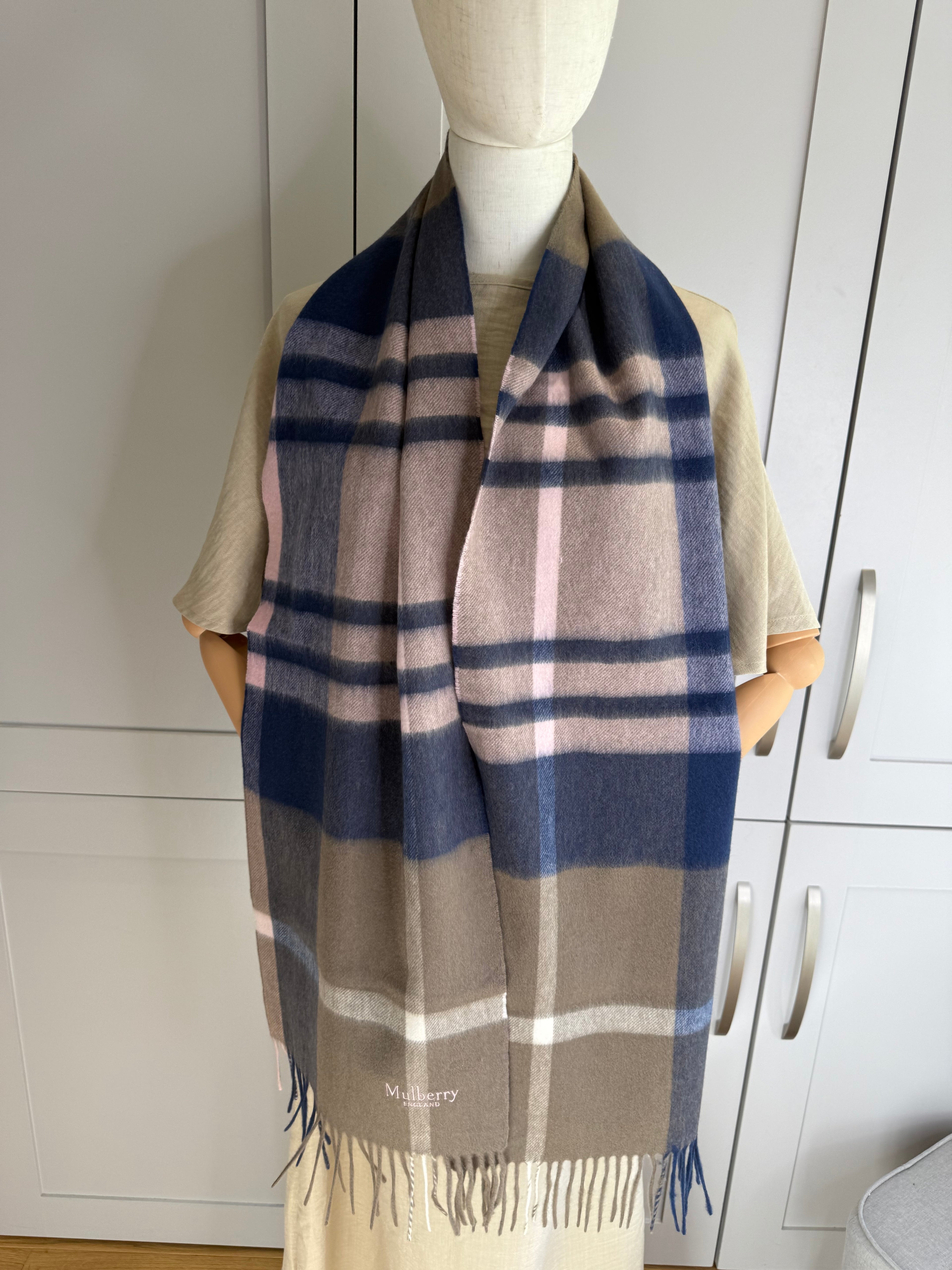 Full length view of Mulberry large check lambswool scarf khaki and berry