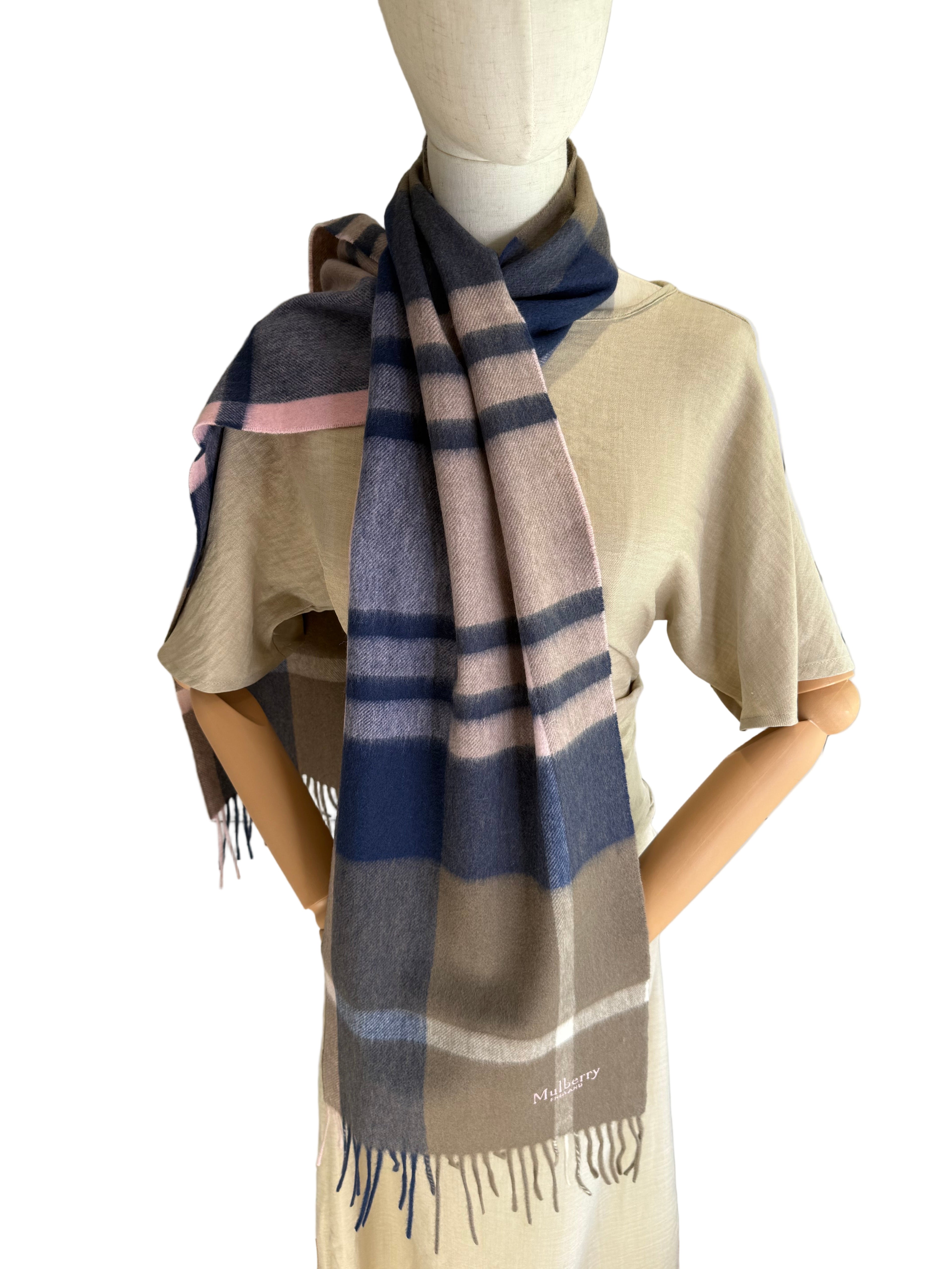 Mulberry logo detail on khaki and berry lambswool check scarf