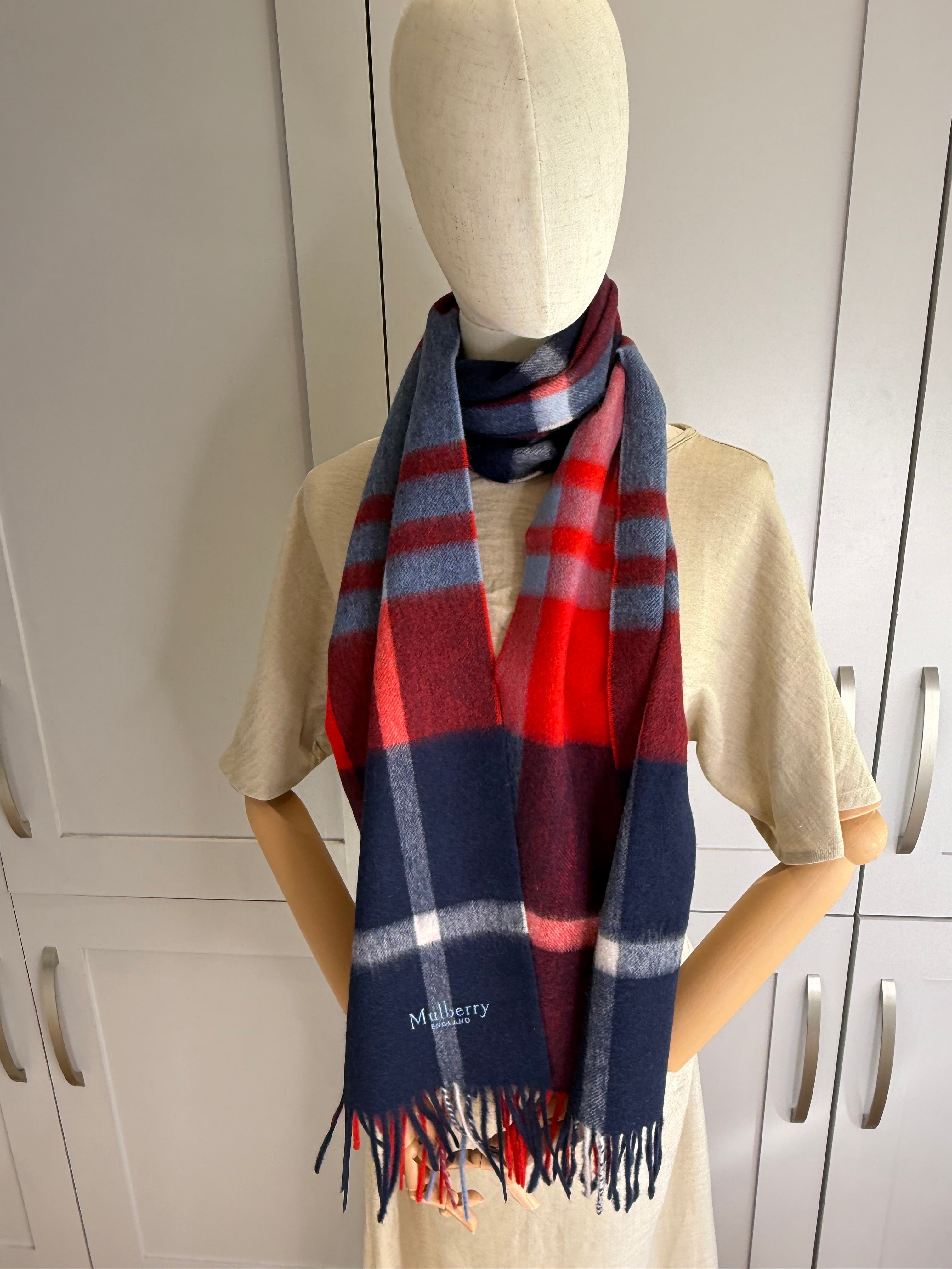 Flat lay of Mulberry midnight blue large check merino wool scarf