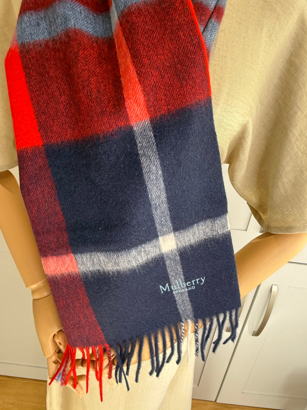 Fringe detail on Mulberry midnight blue large check merino wool scarf