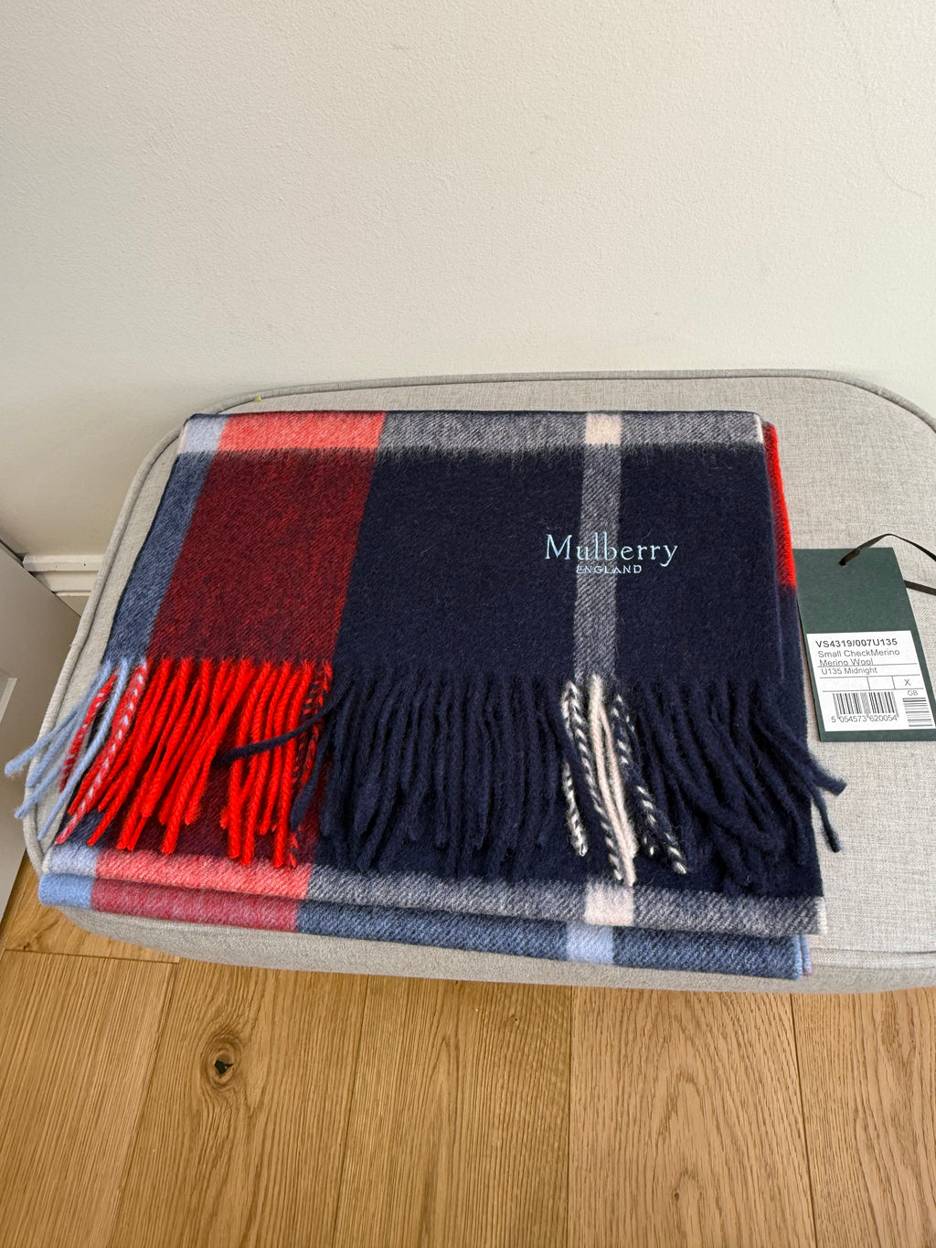 Mulberry logo detail on midnight blue merino wool check scarf