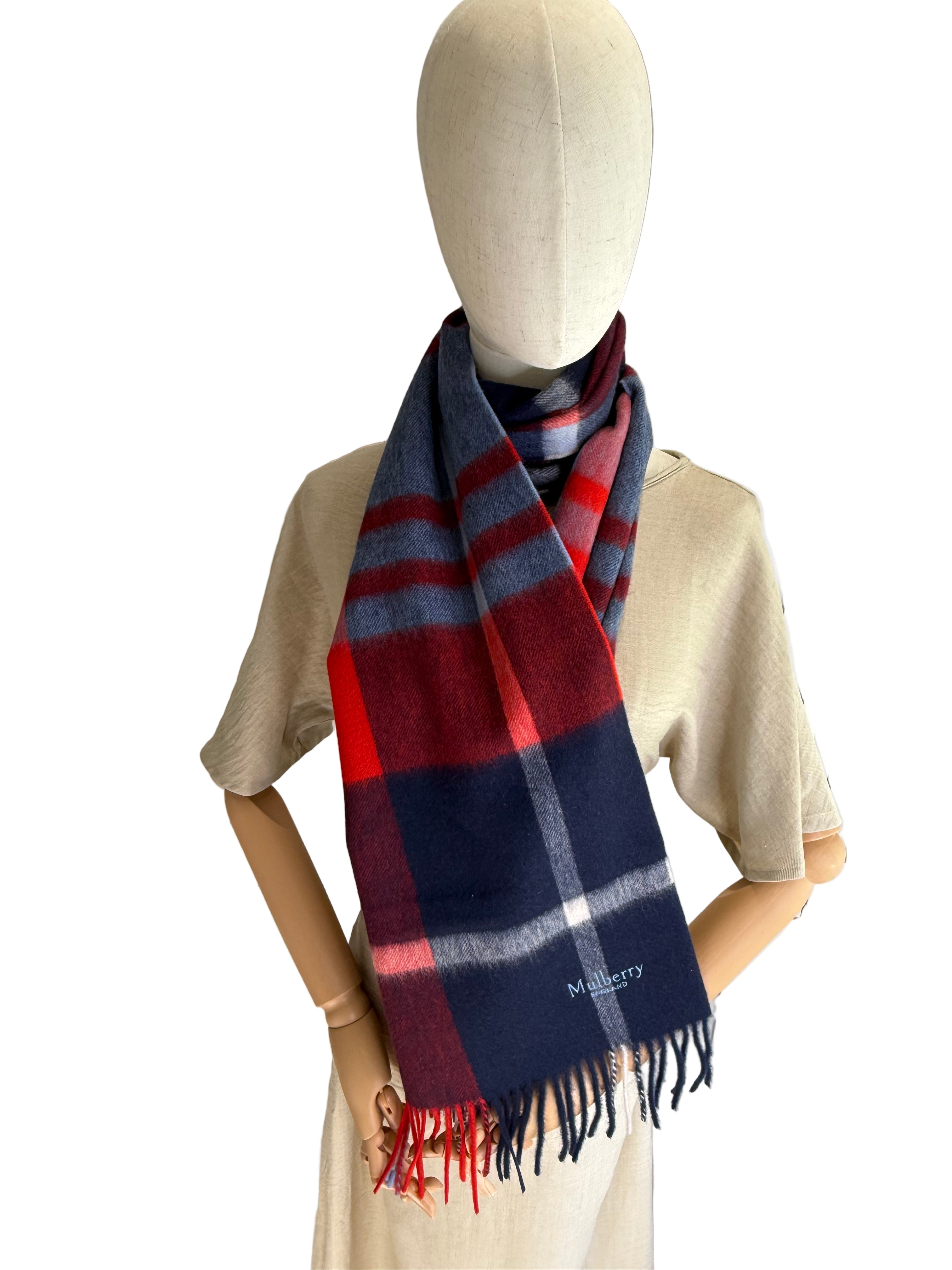 Mulberry large check merino wool scarf in midnight blue