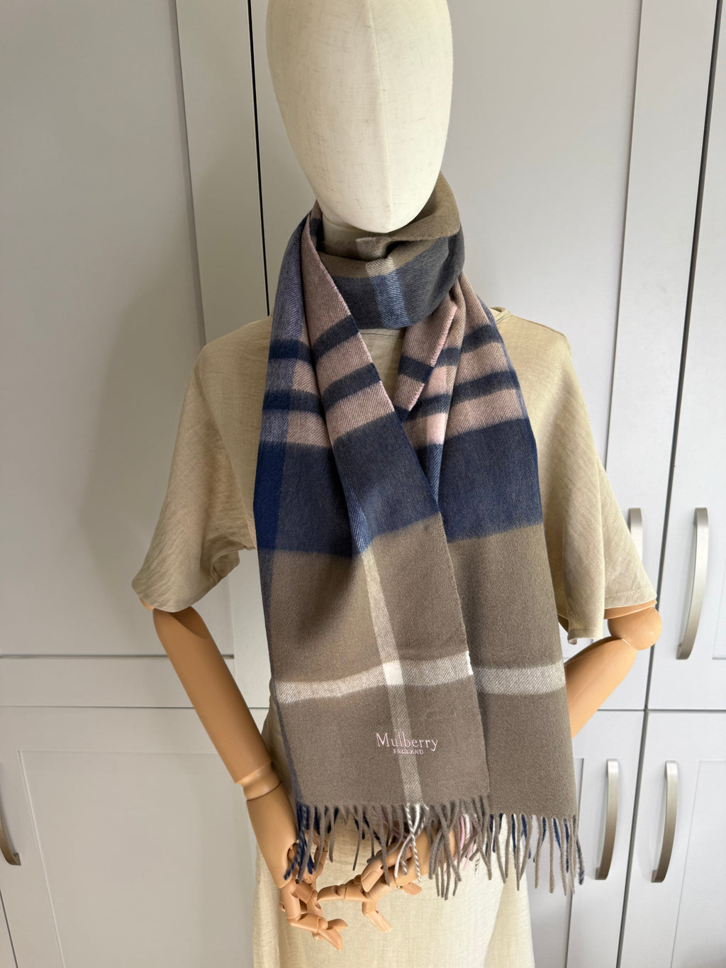 Flat lay of Mulberry sorbet pink large check lambswool scarf