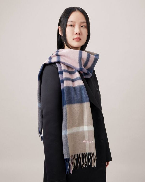 Full length view of Mulberry large check lambswool scarf in sorbet pink